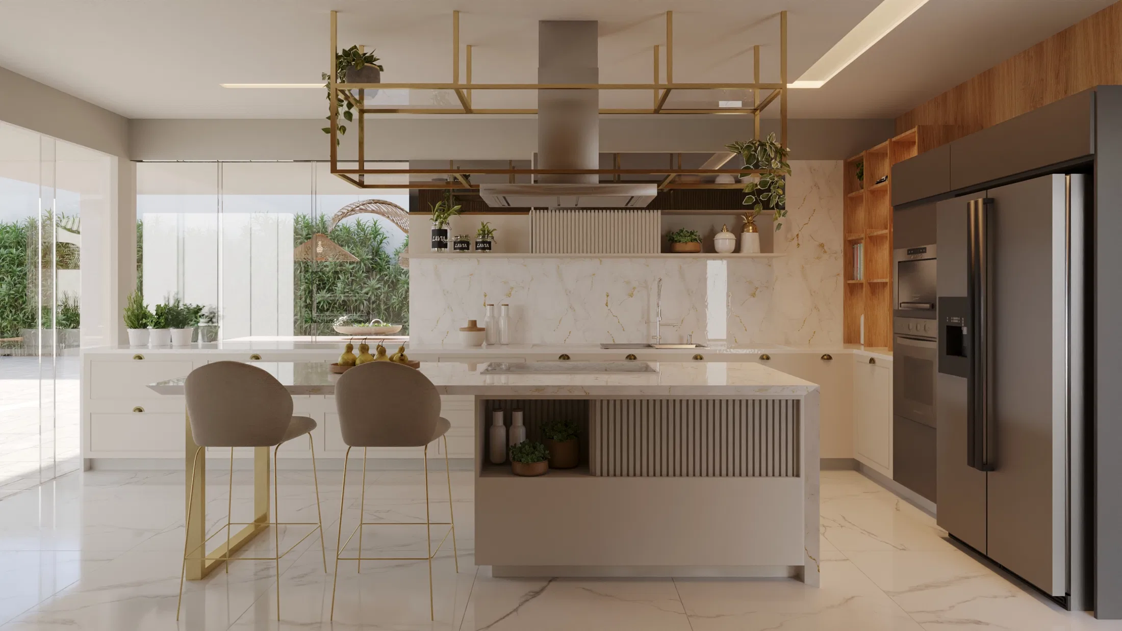 Cozinha gourmet com ilha de mármore, coifa suspensa em estrutura dourada e banquetas altas junto ao balcão