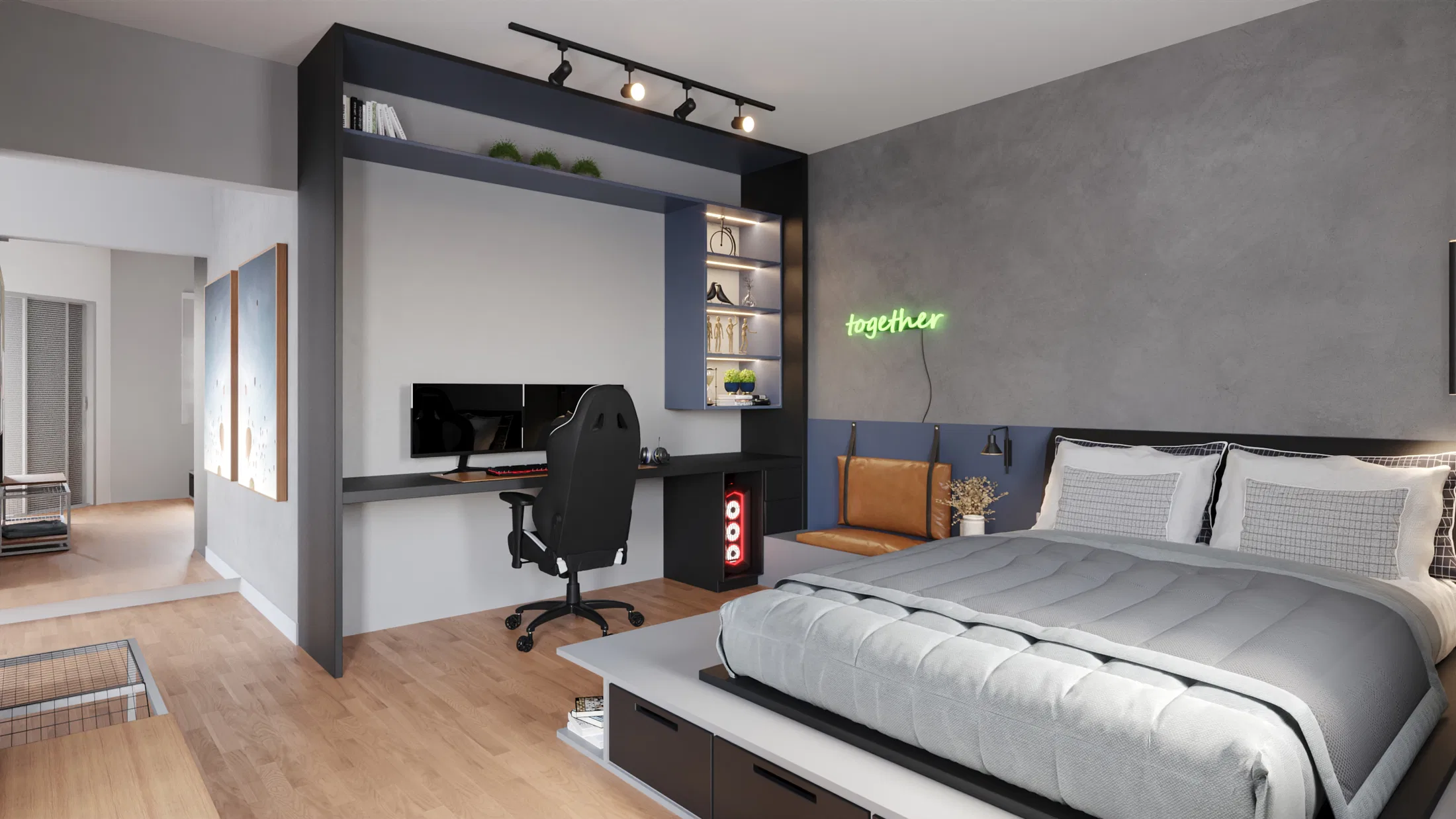 Quarto com estação de estudos, cadeira gamer, letreiro neon 'together' e cabeceira em couro caramelo