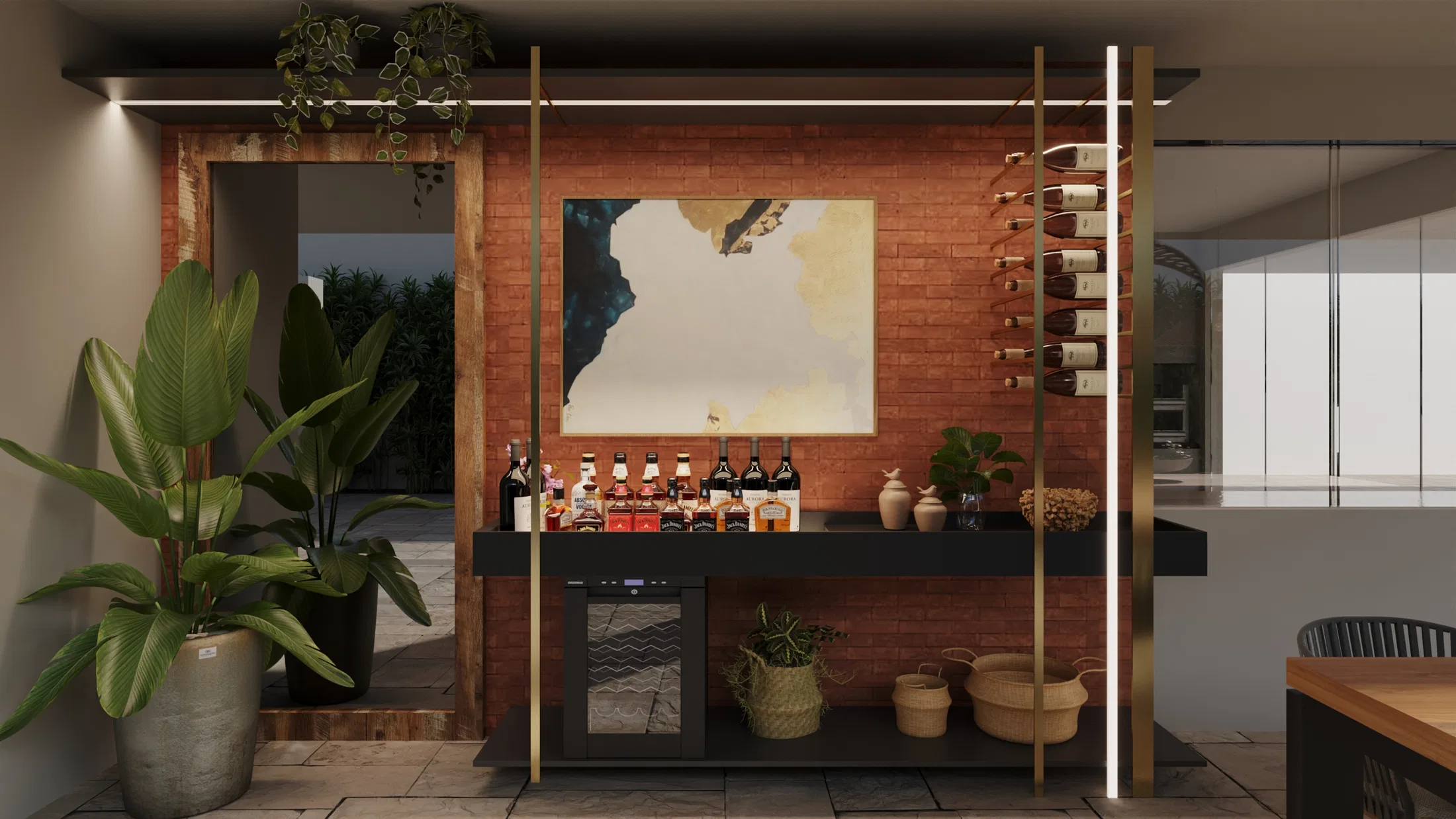 Canto de bar com parede de tijolo aparente, adega, garrafas expostas e vasos de plantas