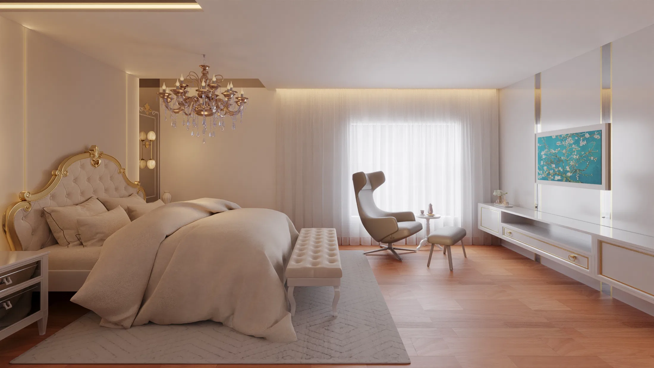 Suíte com lustre de cristal, poltrona reclinável e painel de tv com quadro emoldurado ao fundo