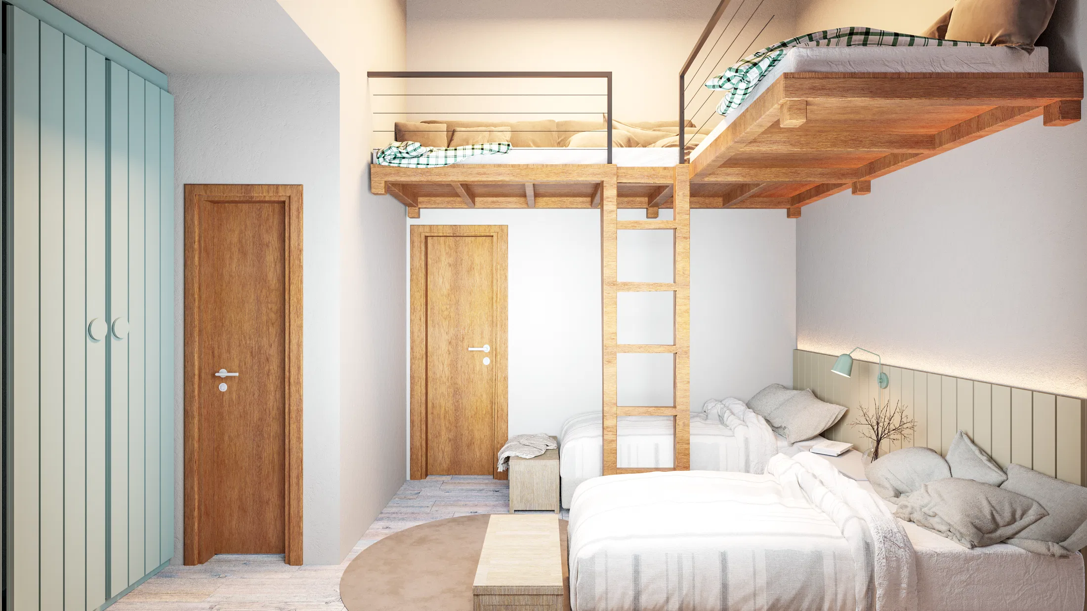 Mezanino com cama elevada acessada por escada de madeira sobre duas camas de solteiro com roupa de cama branca