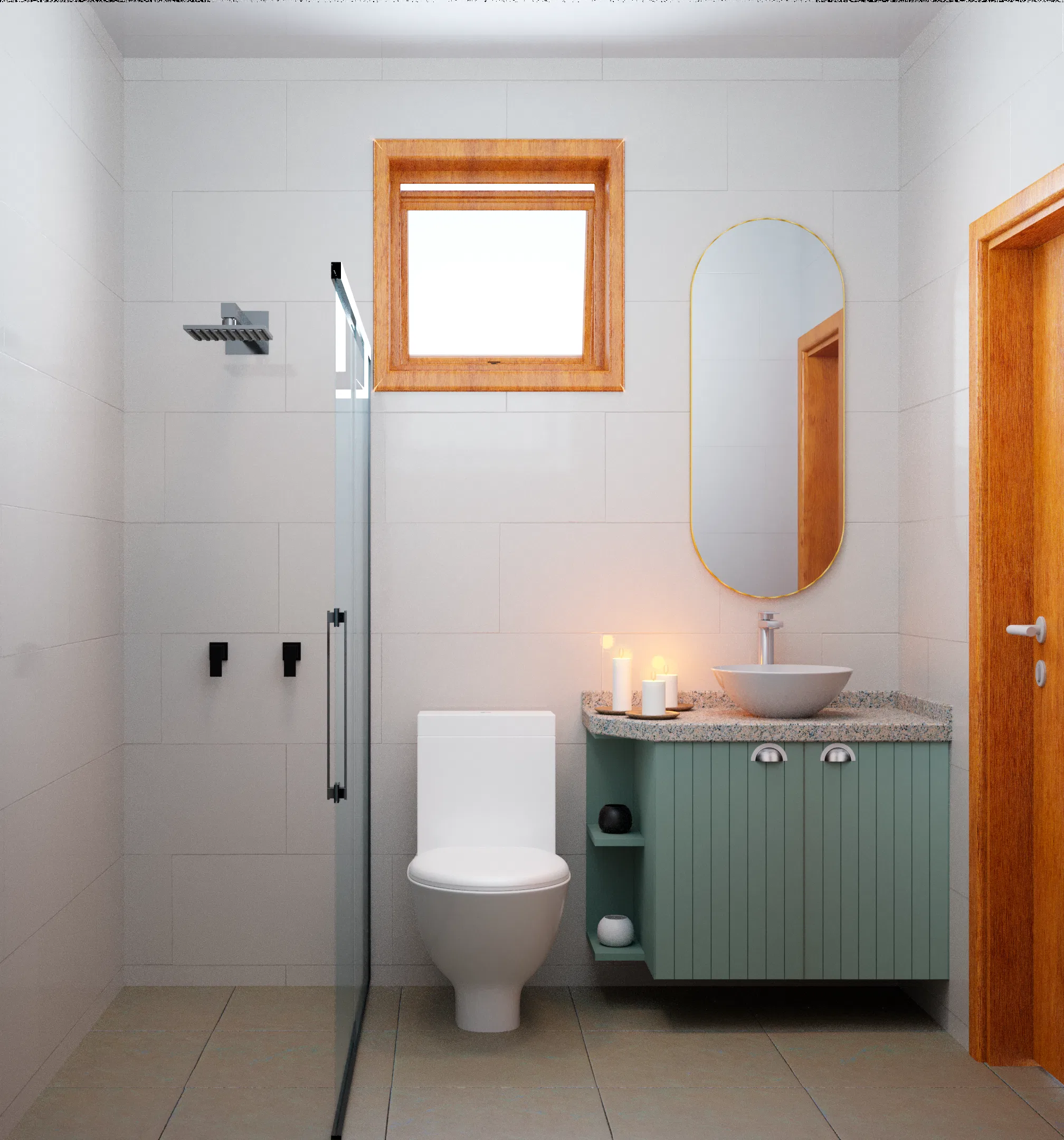 Banheiro com box de vidro, vaso sanitário branco e bancada com cuba de apoio e armário verde-sálvia