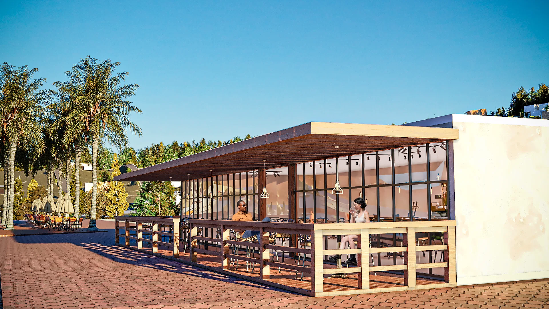 Deck de restaurante coberto por pergolado de madeira e fechado em vidro, com pessoas sentadas às mesas e palmeiras na praça pavimentada