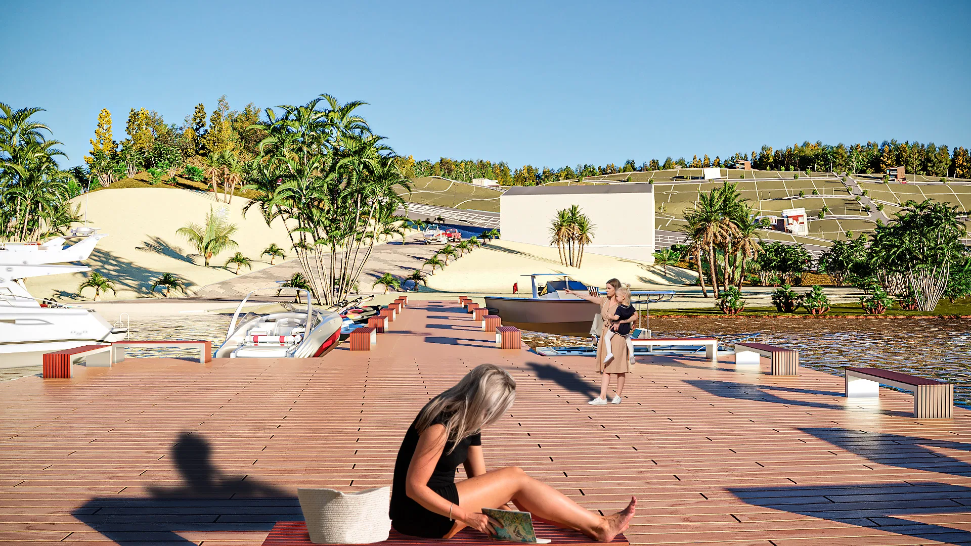 Deck de madeira sobre a água com uma mulher sentada lendo, barcos atracados e encostas com lotes ao fundo sob luz de fim de tarde