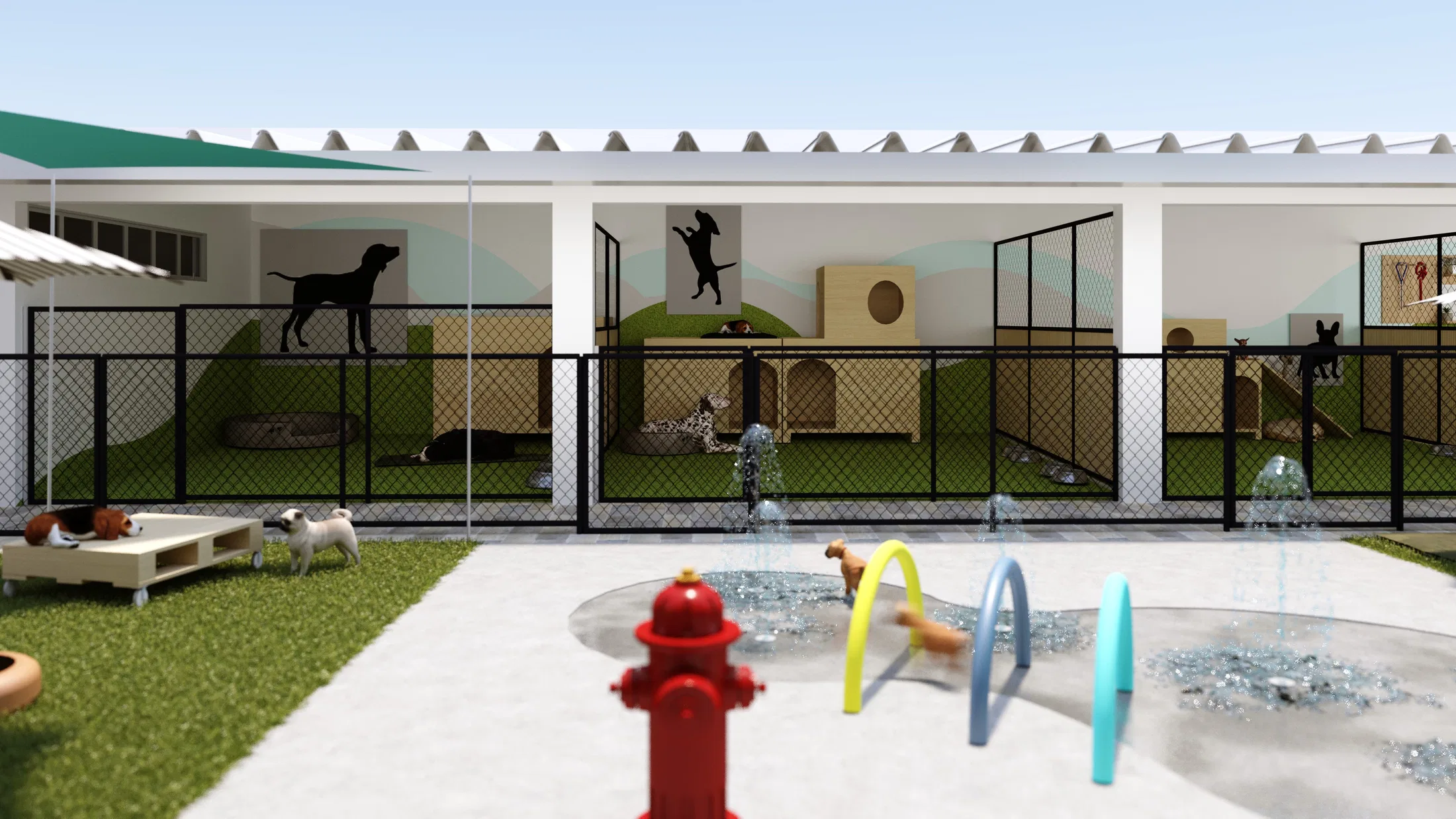 Canis cobertos por telha ondulada com cercas de tela, casinhas de madeira e silhuetas de cães nas paredes, diante do playground de água.