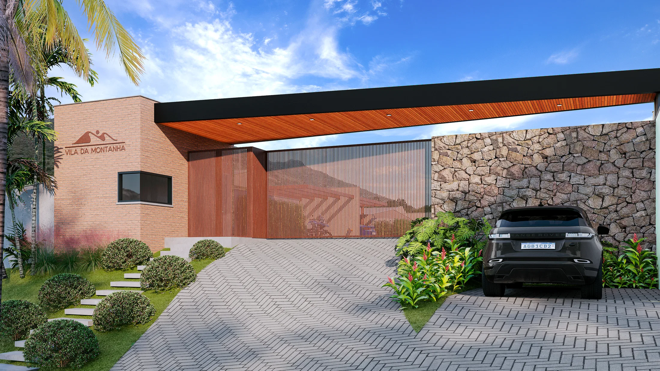 Quarto de casal em residência da Vila da Montanha, com vista panorâmica para as montanhas, janela ampla e decoração de estilo neutro. — GRON 3D