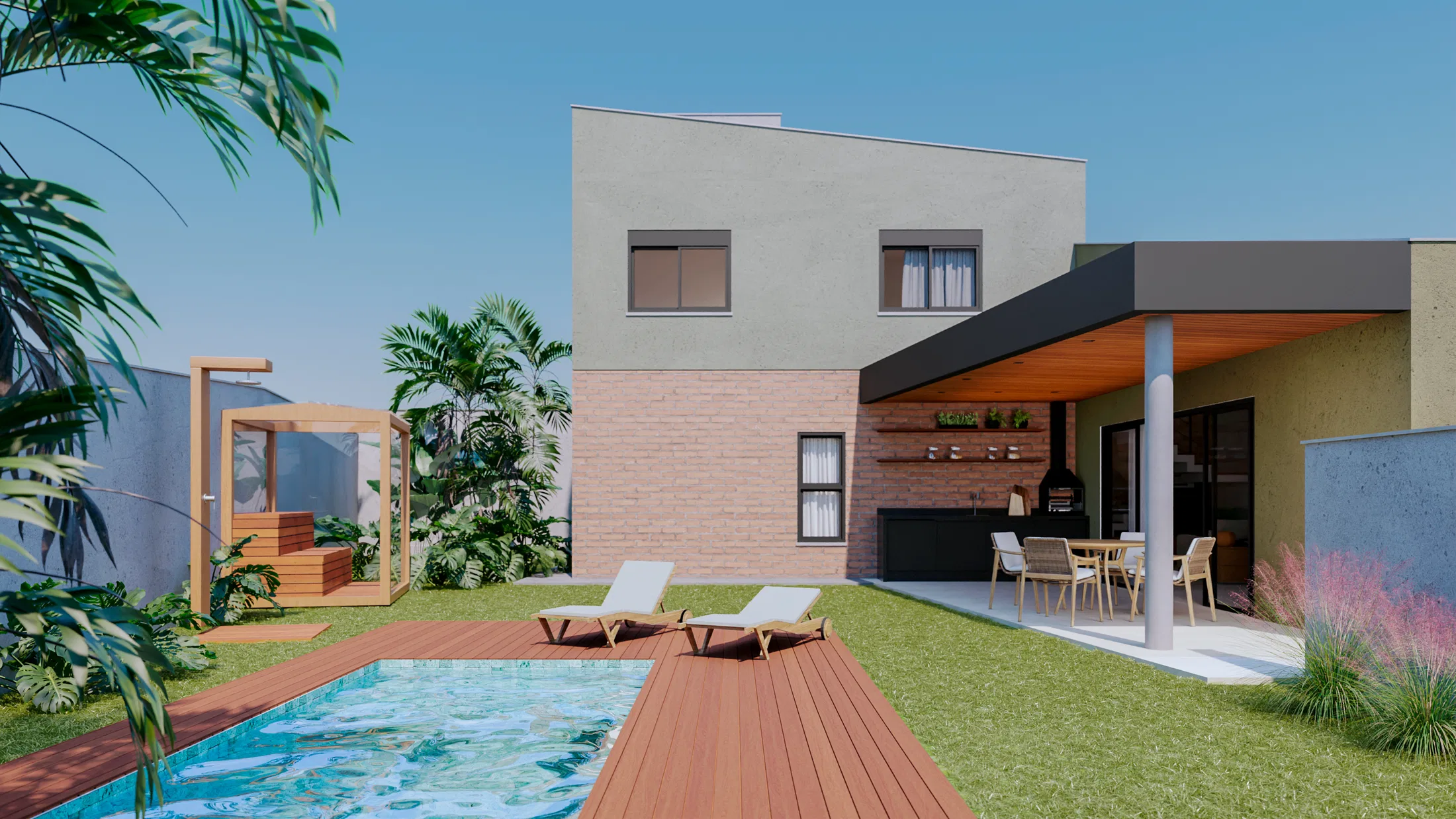 Terraço comunitário do condomínio Vila da Montanha ao pôr do sol, apresentando lounge com fogueira, mobiliário externo e paisagismo planejado para lazer. — GRON 3D