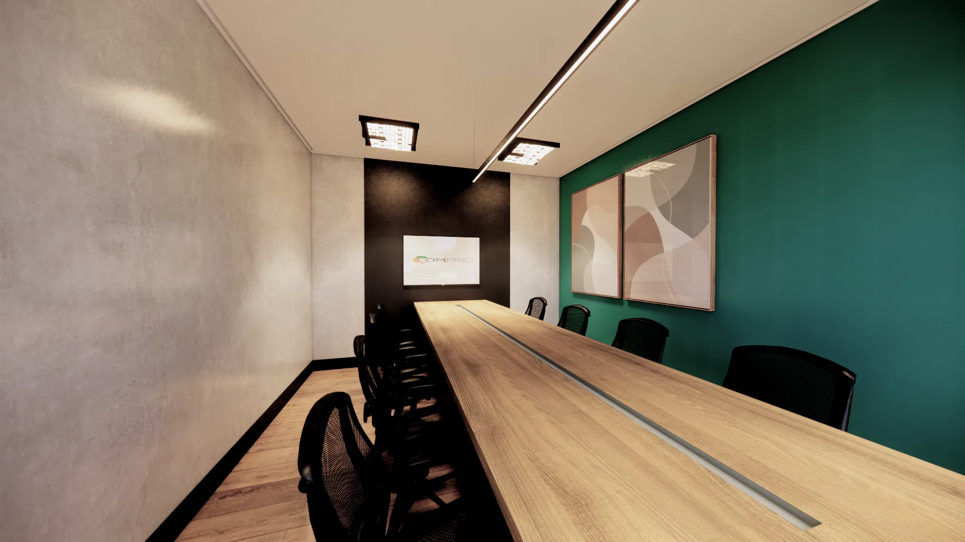 Sala de reunião com mesa longa de madeira clara, cadeiras pretas, parede verde com quadros abstratos e letreiro retroiluminado ao fundo