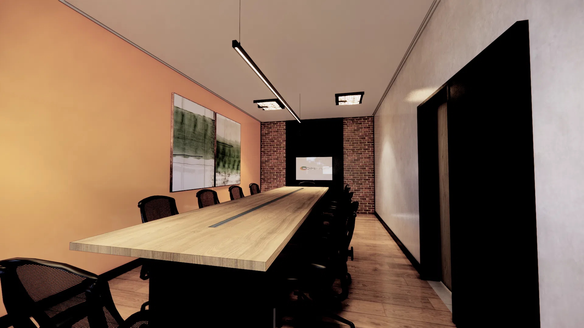 Segunda sala de reunião com parede em tom pêssego, quadro abstrato, parede de tijolo ao fundo e pendente linear sobre a mesa