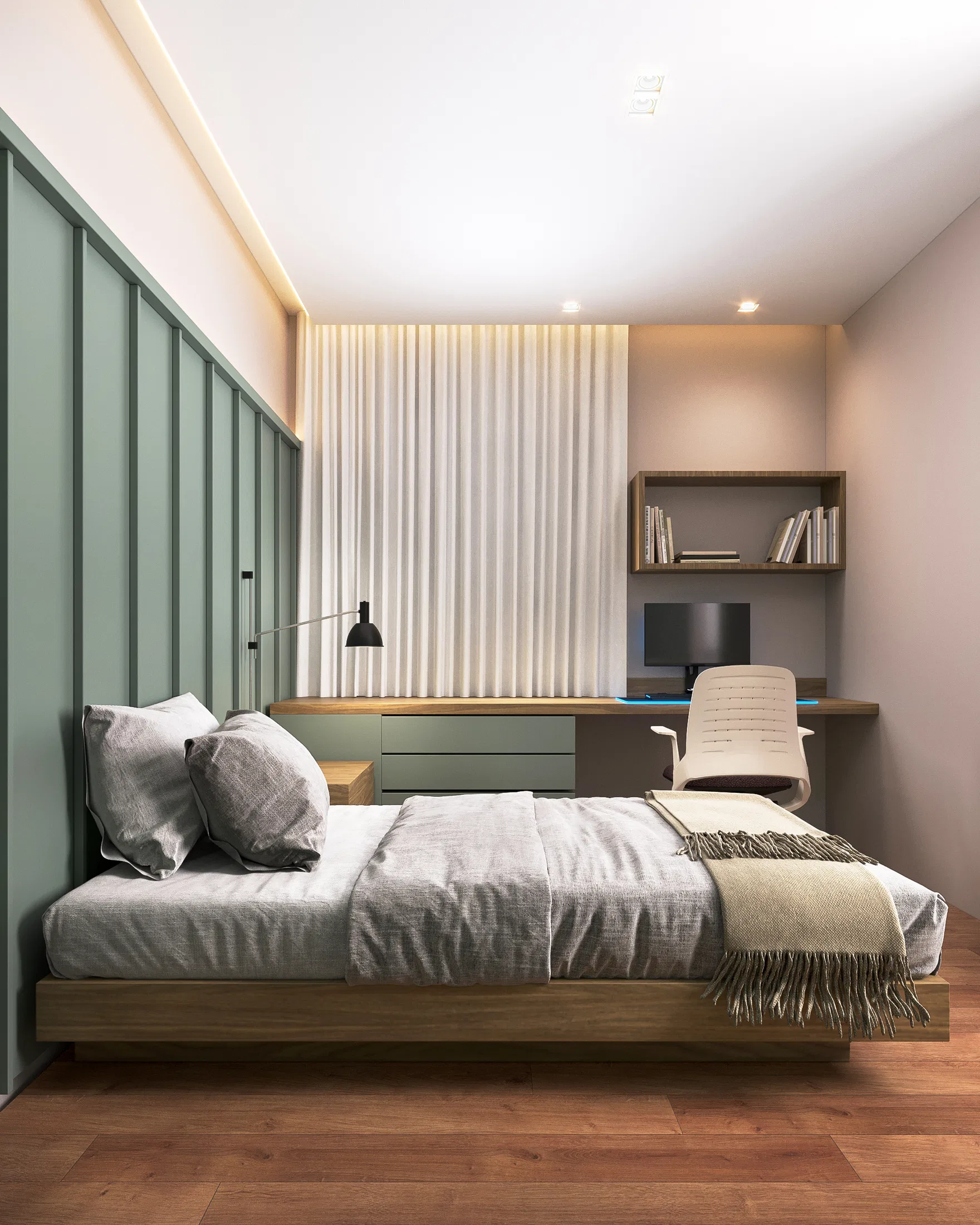 Quarto com cama baixa, painel ripado verde-sálvia na cabeceira e bancada de estudo integrada com prateleira suspensa