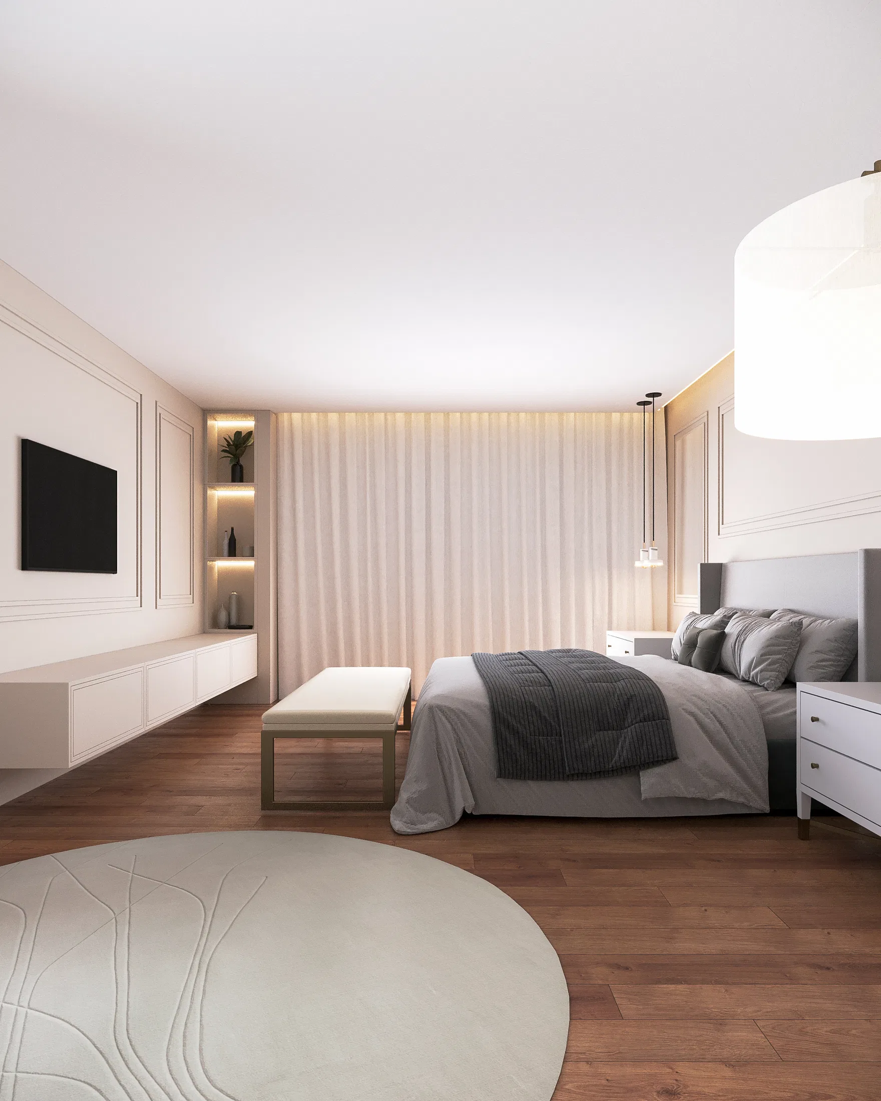 Suíte master com cama estofada cinza, TV em painel ripado, nichos retroiluminados e tapete redondo texturizado