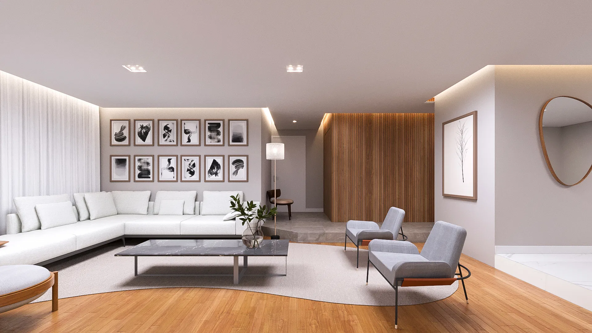 Sala de estar com sofá branco em L, parede-galeria de quadros em preto e branco e mesa de centro de mármore