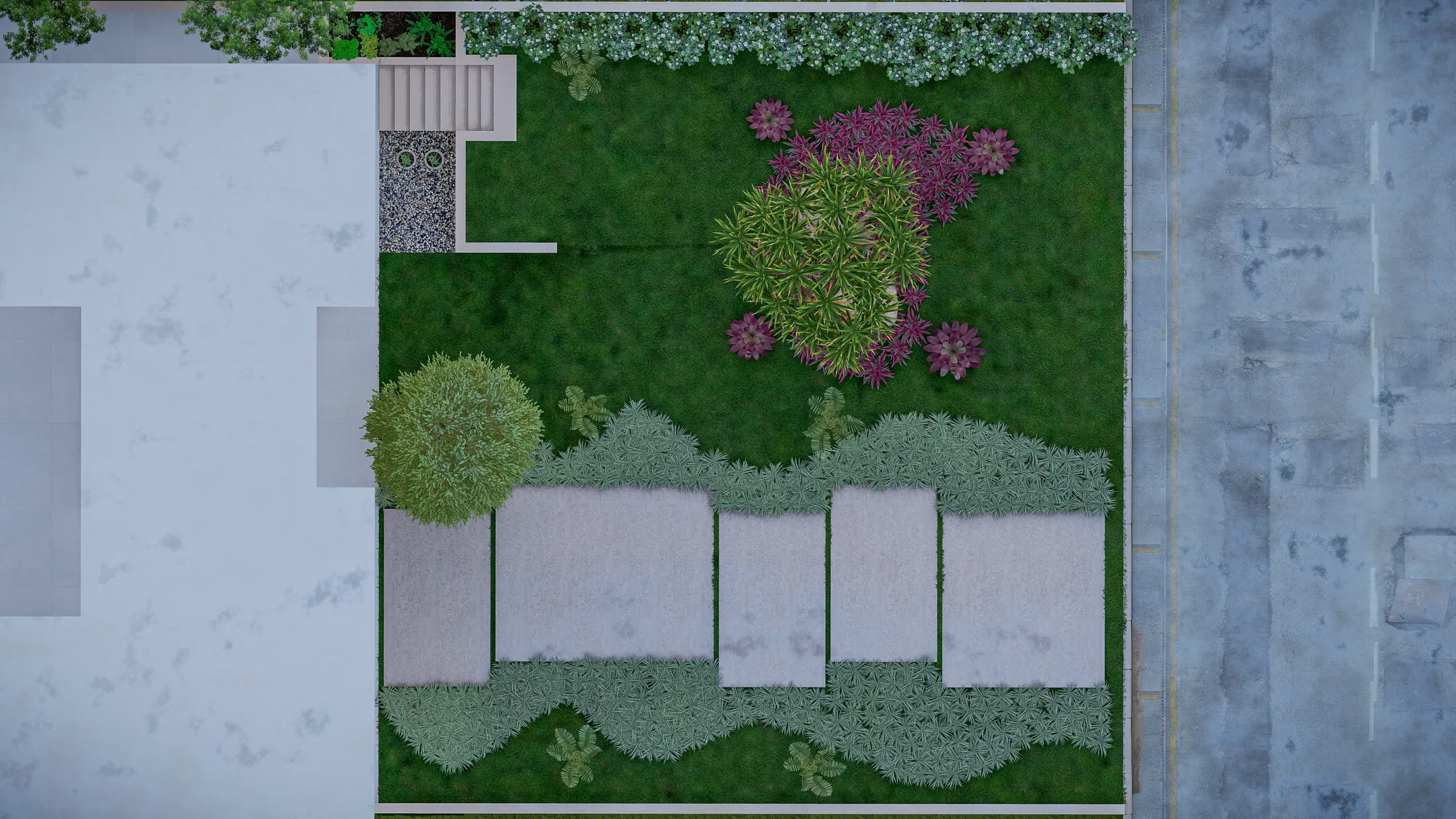 Planta do jardim vista de cima, com gramado, caminho de placas e maciços coloridos de plantas