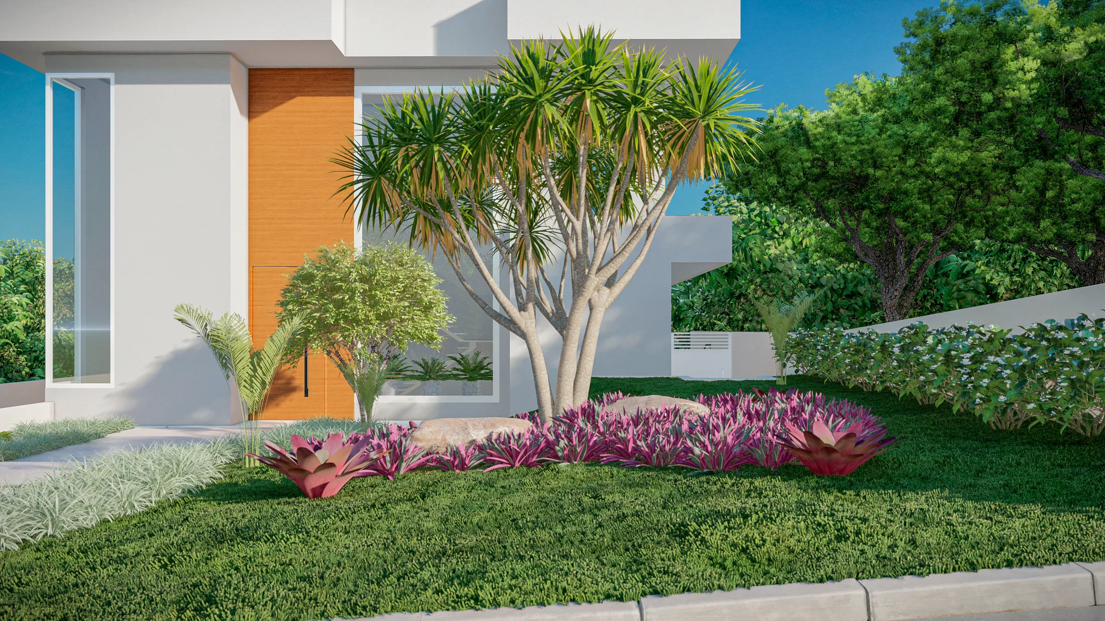 Canteiro junto à fachada com dracena ramificada, rosetas de bromélias magenta e forração rasteira em gramado aparado