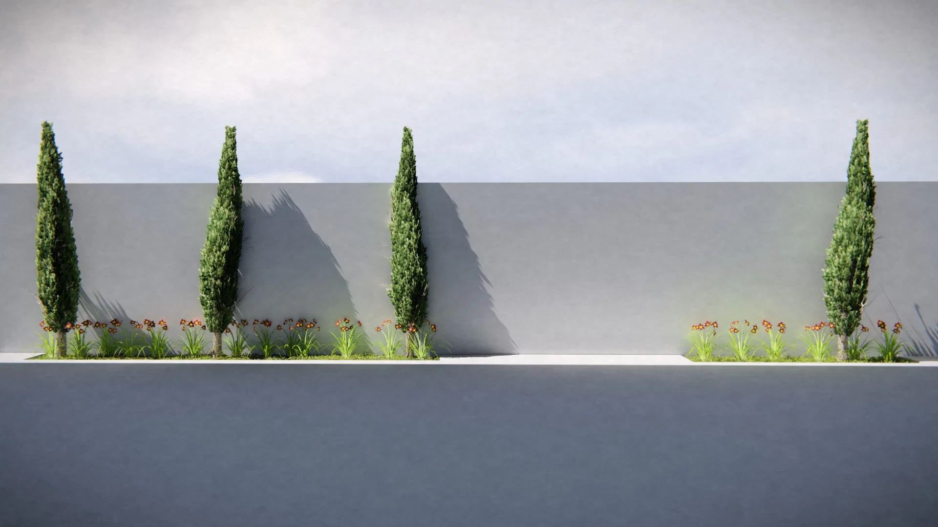Fileira de ciprestes colunares em floreiras diante de muro branco, intercalados por touceiras de flores alaranjadas e sombras marcadas.