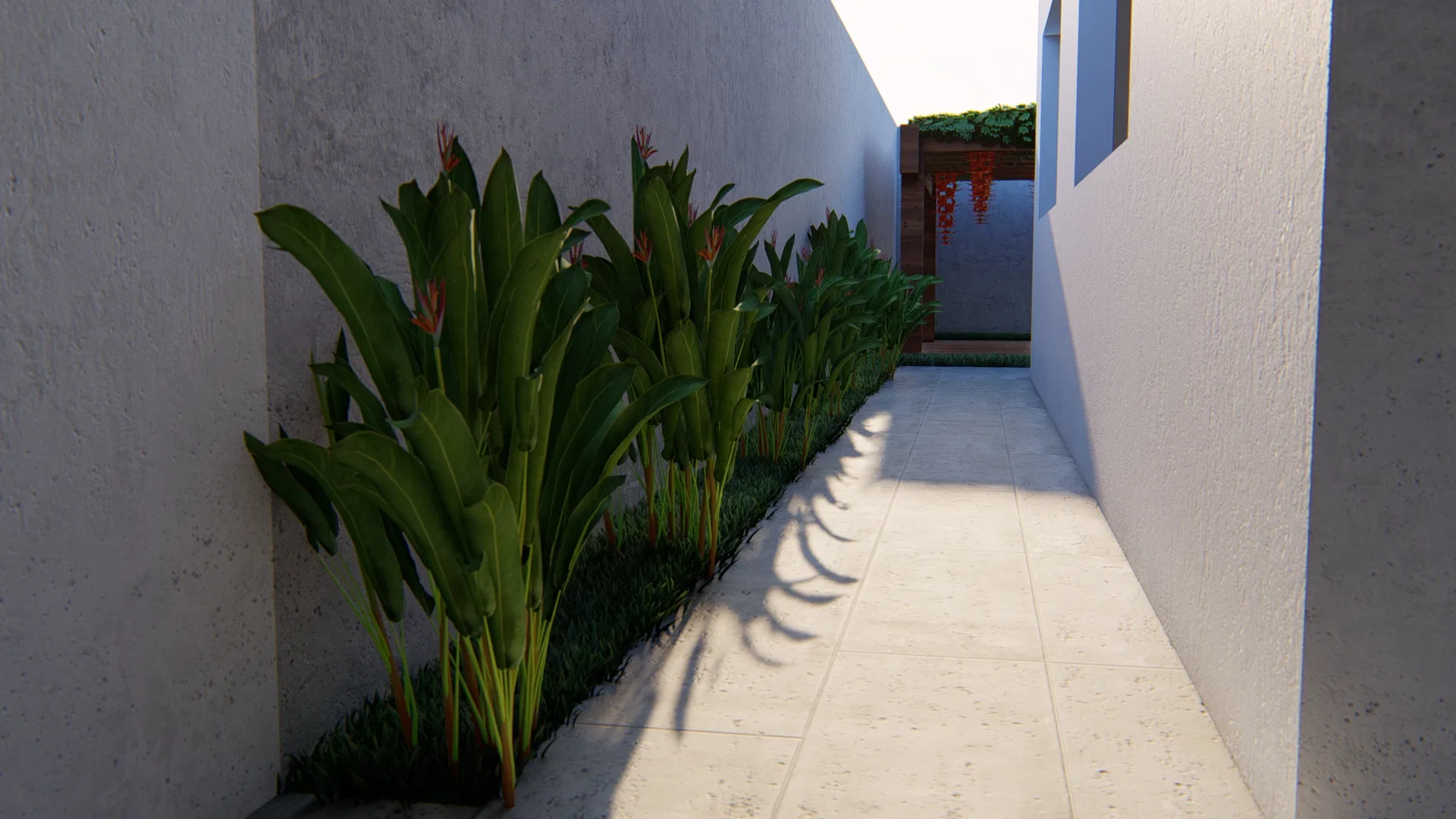 Corredor lateral pavimentado ladeado por folhagens de bananeira-ornamental com brácteas alaranjadas, projetando sombras sobre o piso claro
