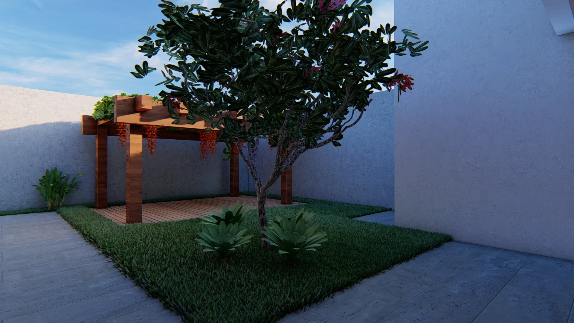 Canto de jardim com pergolado de madeira, árvore de flores rosadas e rosetas de agave sobre gramado emoldurado por pisos claros