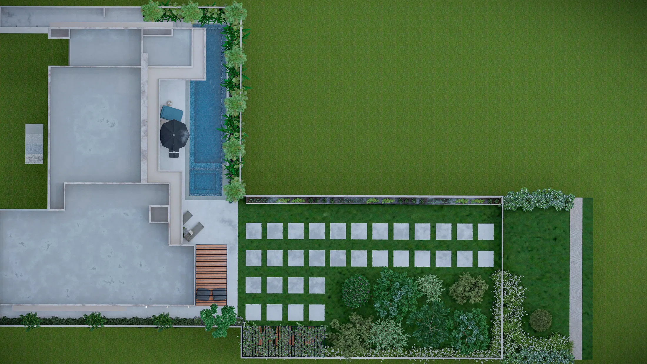Planta em perspectiva aérea dos fundos com piscina, deck, gramado e malha regular de placas entre áreas plantadas