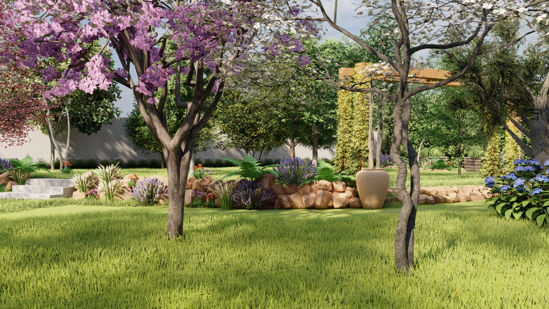 Gramado amplo com árvores floridas em rosa e branco, canteiro de pedras e vaso ornamental sob pergolado ao fundo