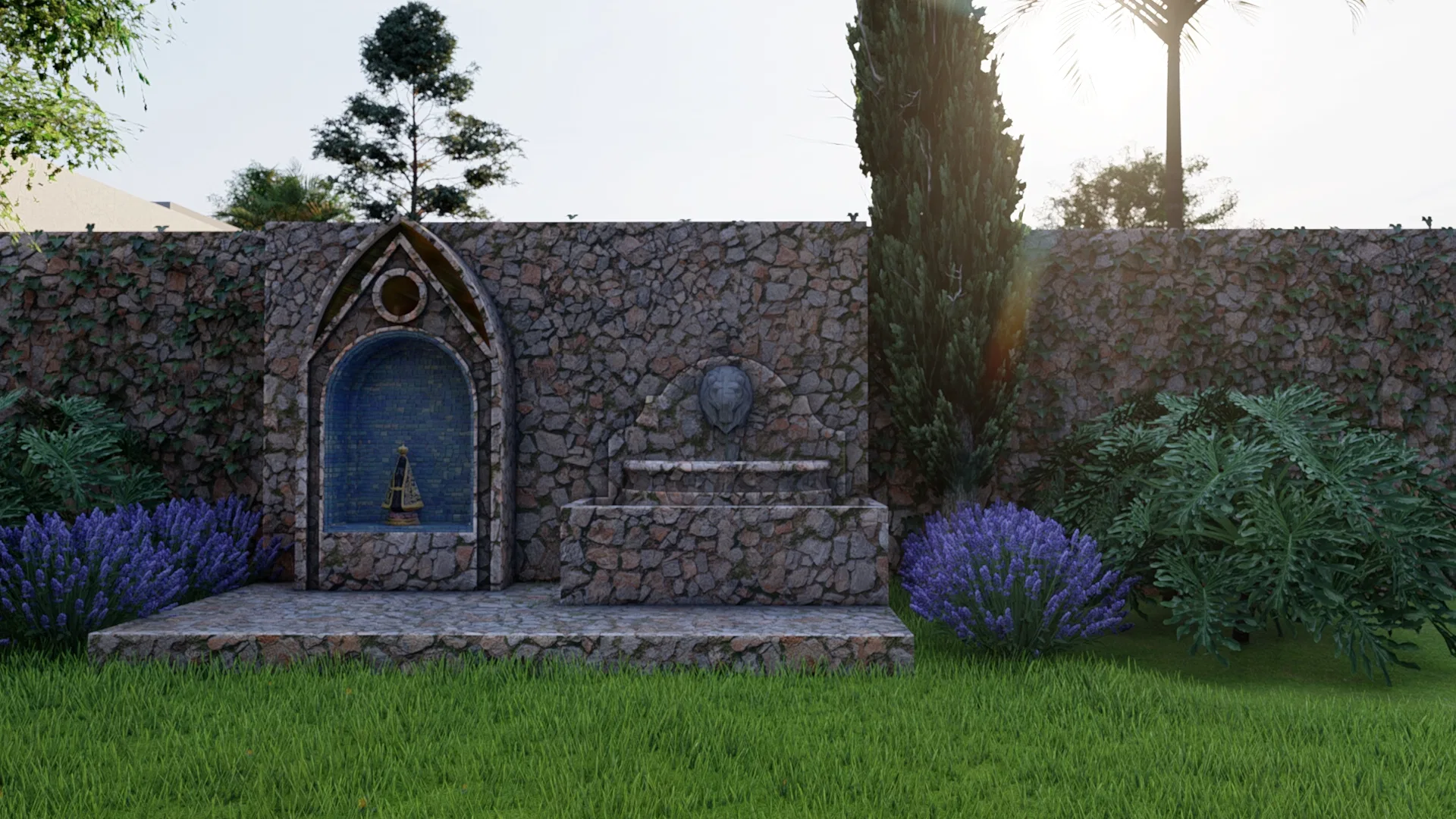 Gruta em pedra com nicho de imagem sacra revestido em mosaico azul, ladeada por lavanda e fonte com cabeça esculpida