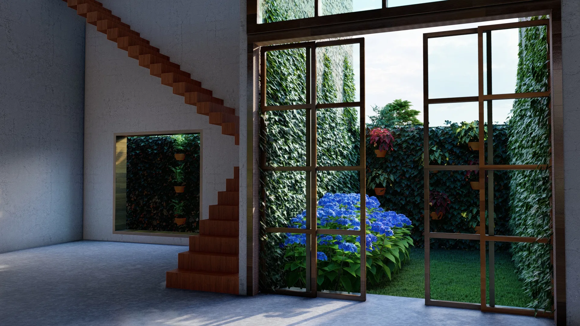 Jardim com árvore florida em tons de rosa e branco, canteiro de pedras e lavanda, visto sob a viga de um pergolado
