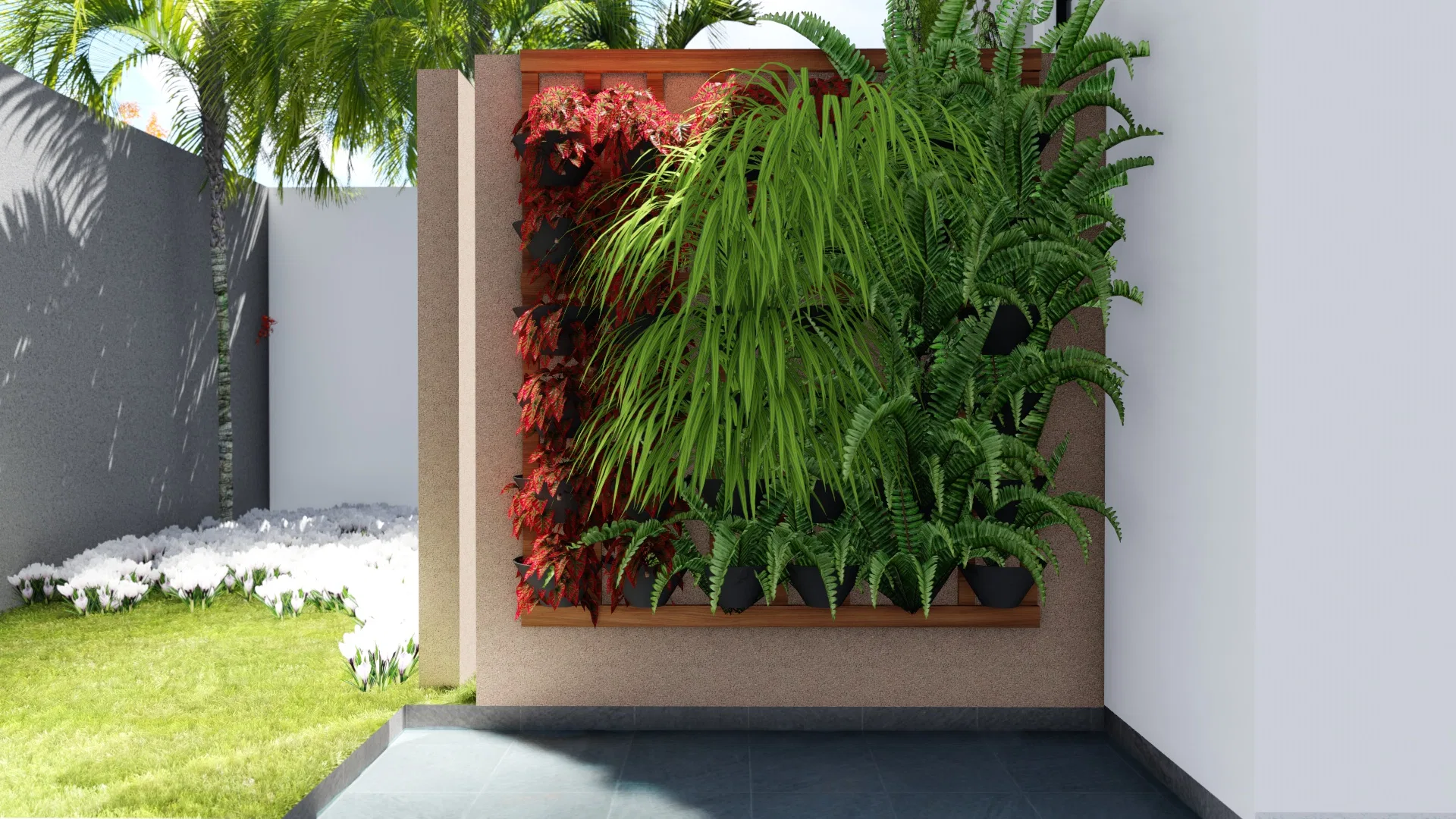 Painel de jardim vertical emoldurado em madeira, com samambaias pendentes e folhagens avermelhadas, ao lado de canteiro de flores brancas no gramado