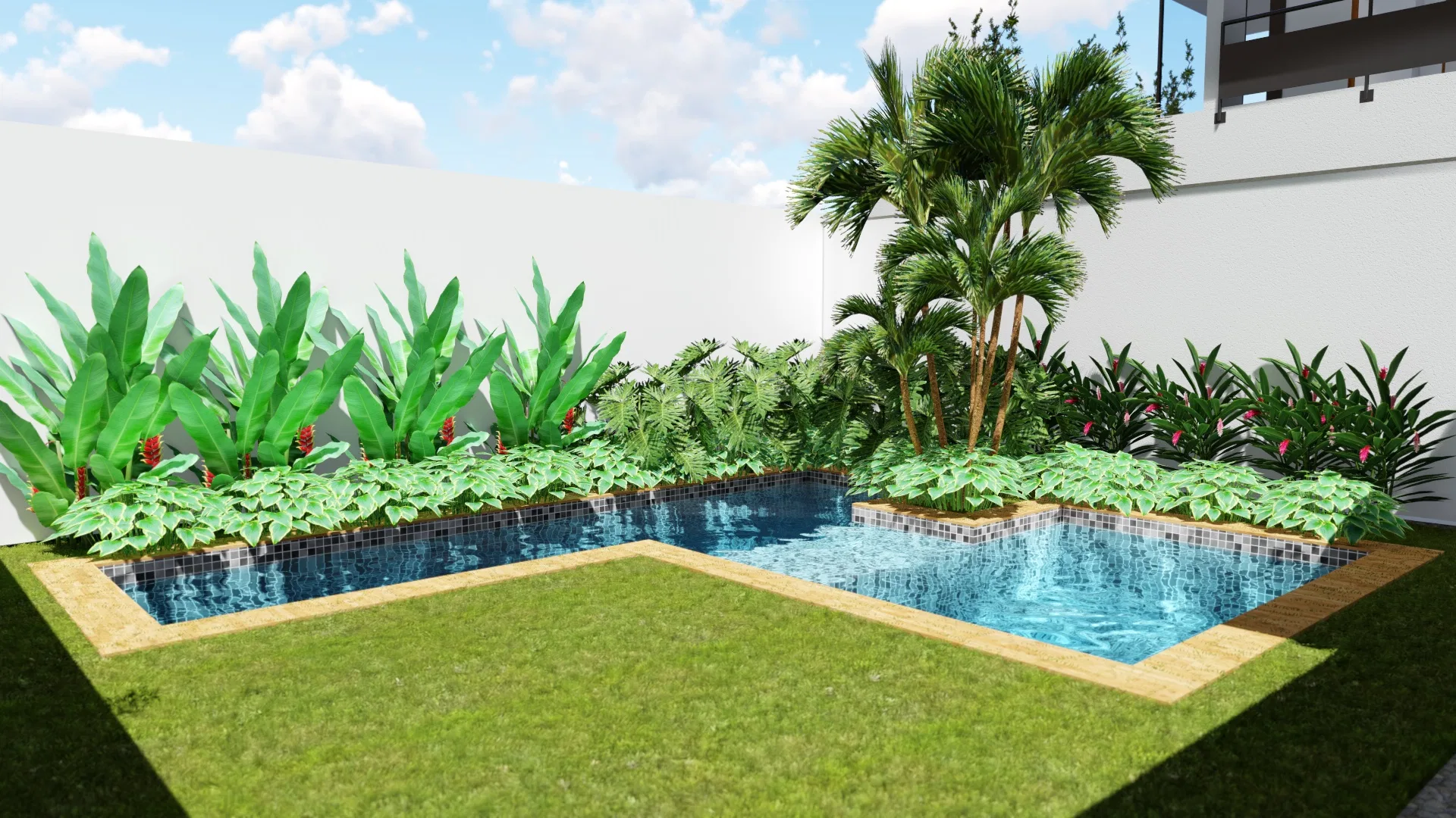Piscina em L com revestimento azul cercada por canteiros tropicais de bananeiras, helicônias e palmeiras sobre o gramado