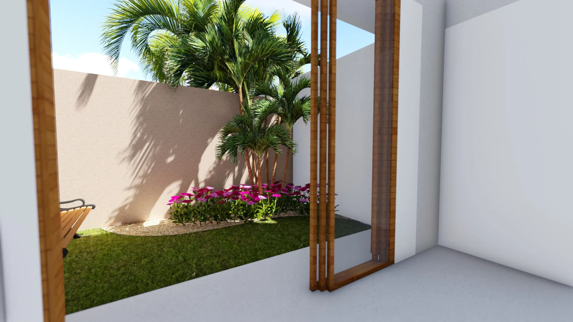 Vista de portas de vidro emolduradas em madeira para jardim lateral com palmeiras e canteiro de flores magenta sobre borda de pedras