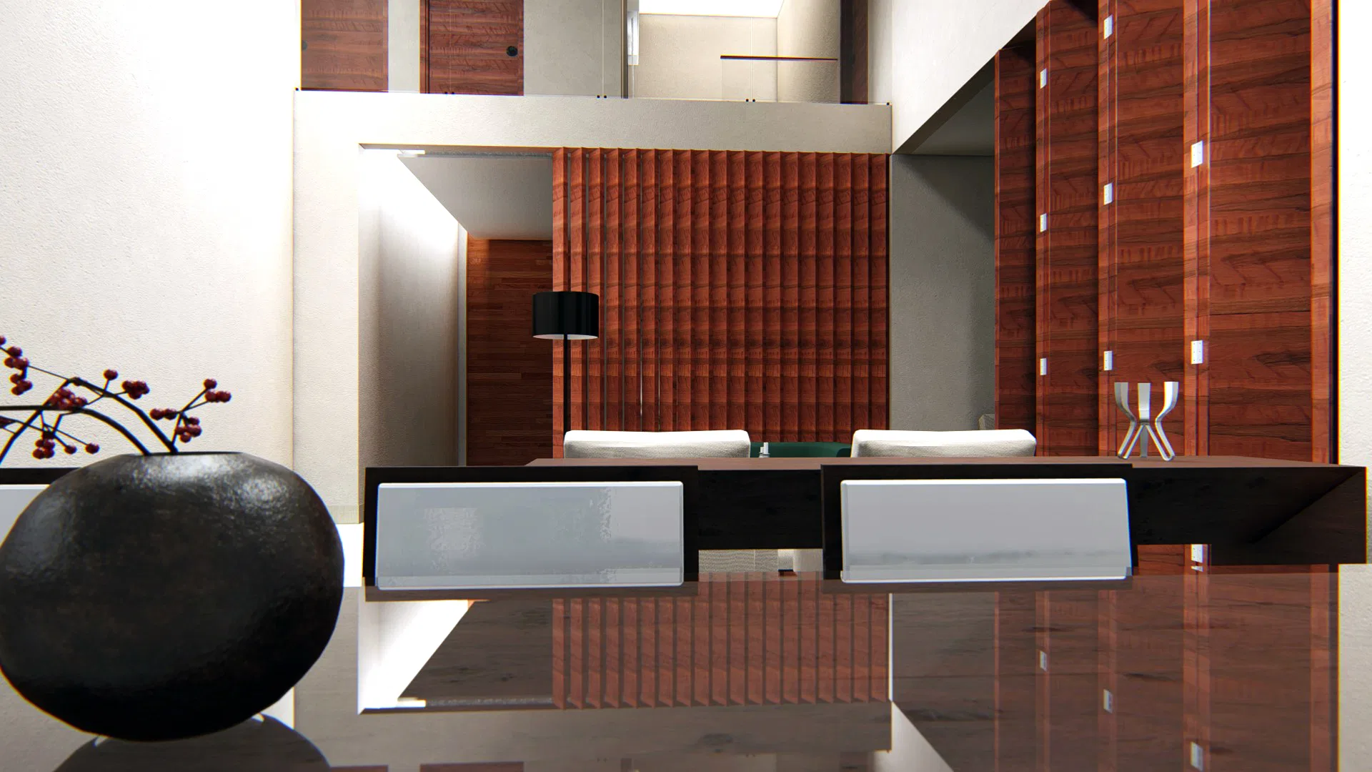 Hall interno com painel ripado em madeira, mesa de apoio com vaso e mesa de jantar refletida no piso polido