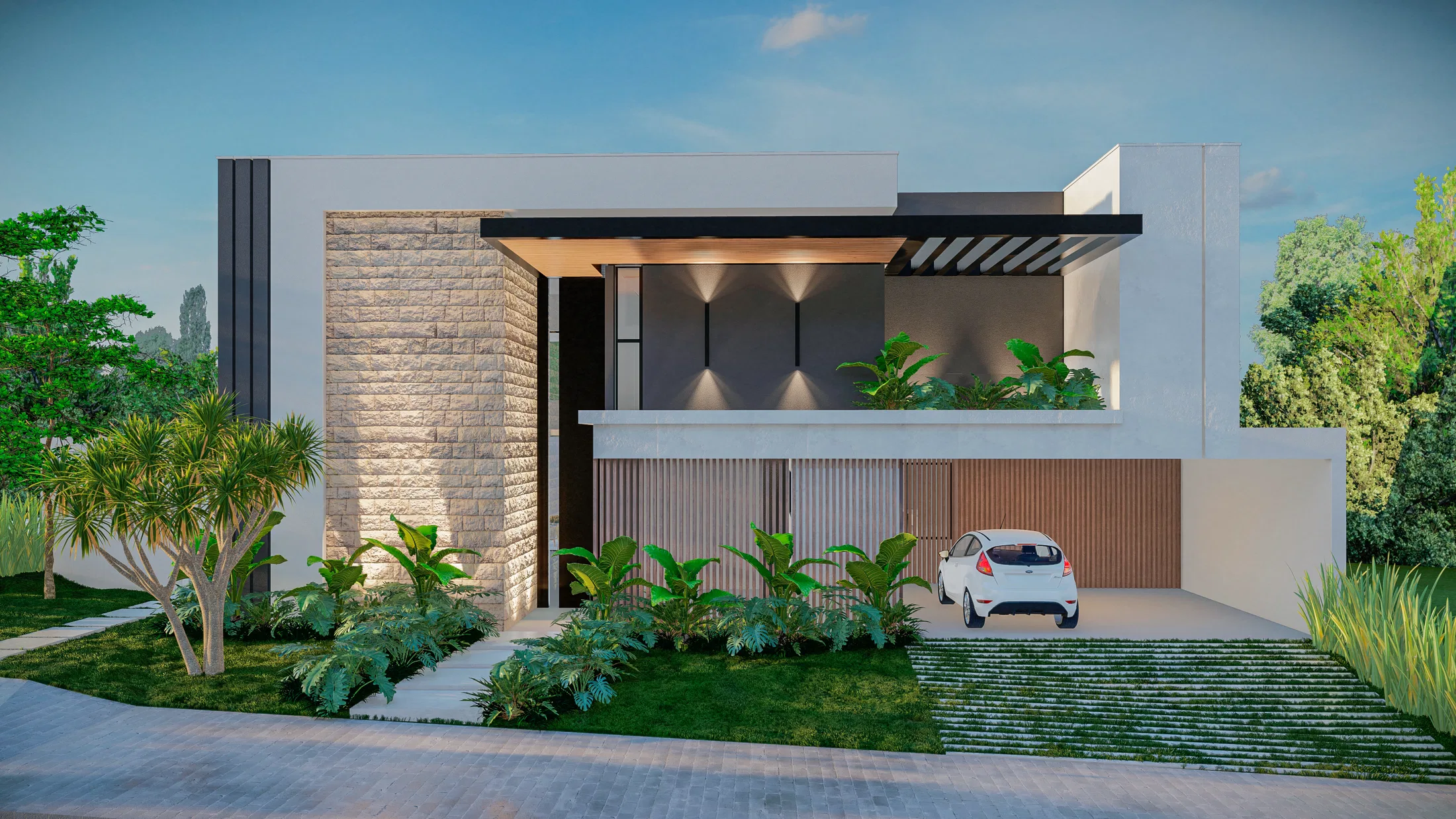 Fachada frontal da residência com volumes brancos, coluna revestida de pedra, garagem de ripado com carro branco e canteiros tropicais junto à entrada.