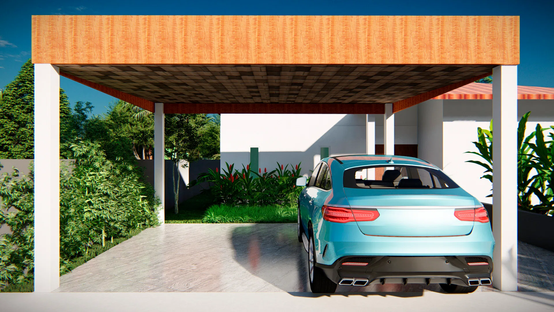 Carport com cobertura de ripas de madeira e piso em concreto ripado, veículo estacionado junto a jardim lateral
