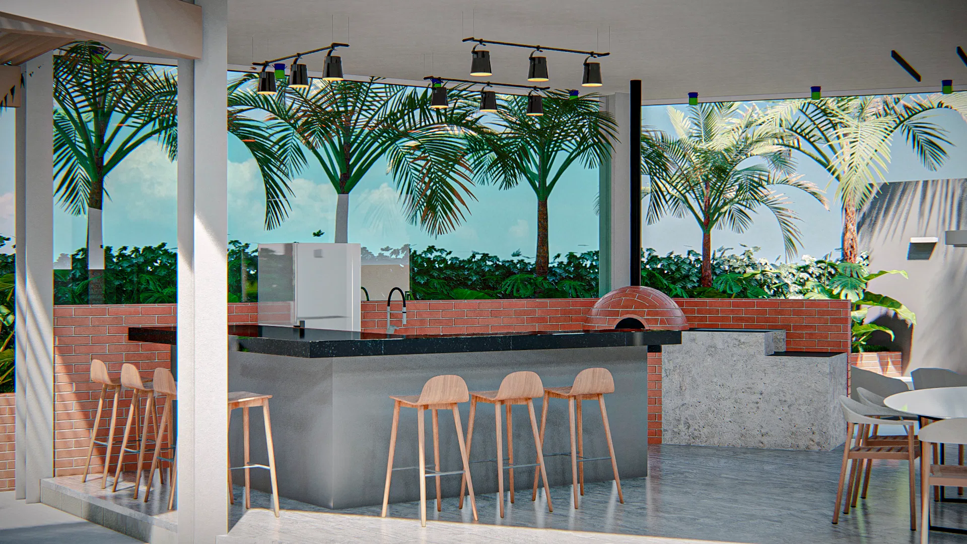 Área gourmet coberta com bancada em granito escuro, tijolinho aparente, forno de pizza e banquinhos de madeira