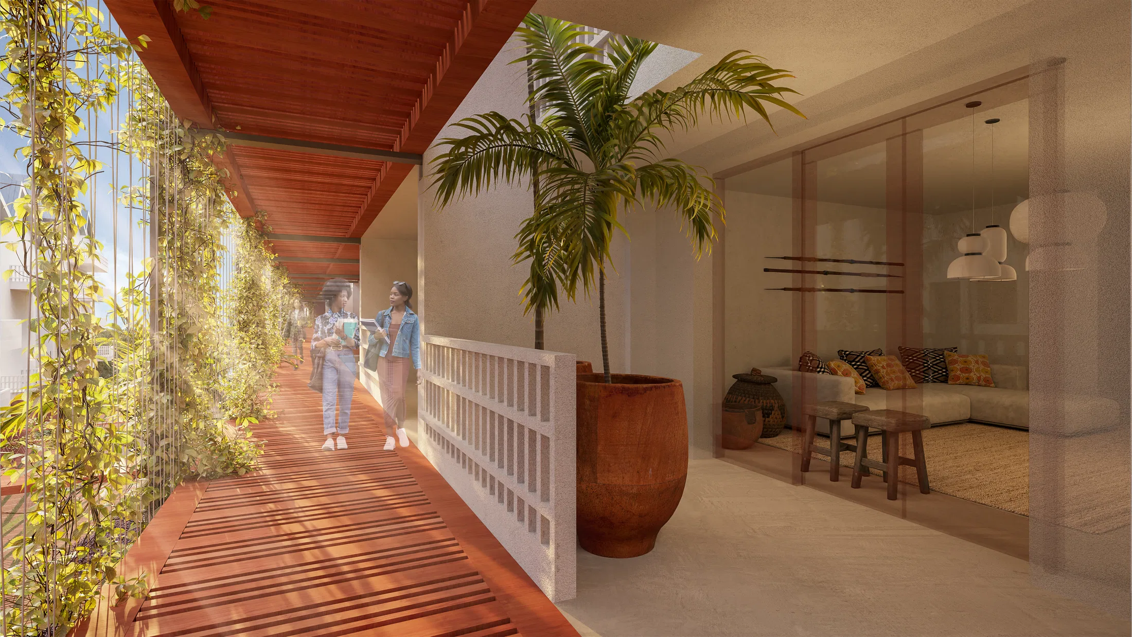 Corredor externo coberto com cortina de trepadeiras, duas pessoas caminhando e vaso de planta ao lado de sala integrada com vidro