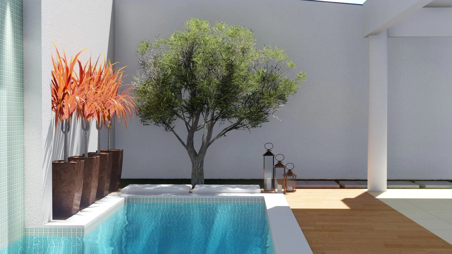Área da piscina com oliveira central, fileira de vasos escuros com plantas alaranjadas, lanternas decorativas e piso de madeira sob luz de fim de tarde