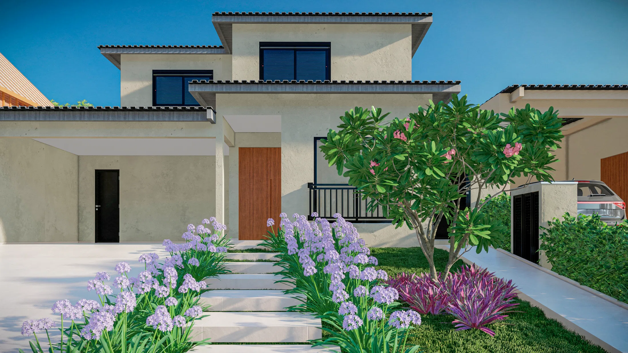 Detalhe da entrada com porta de madeira, agapantos roxos floridos e arvoreta ao lado da varanda