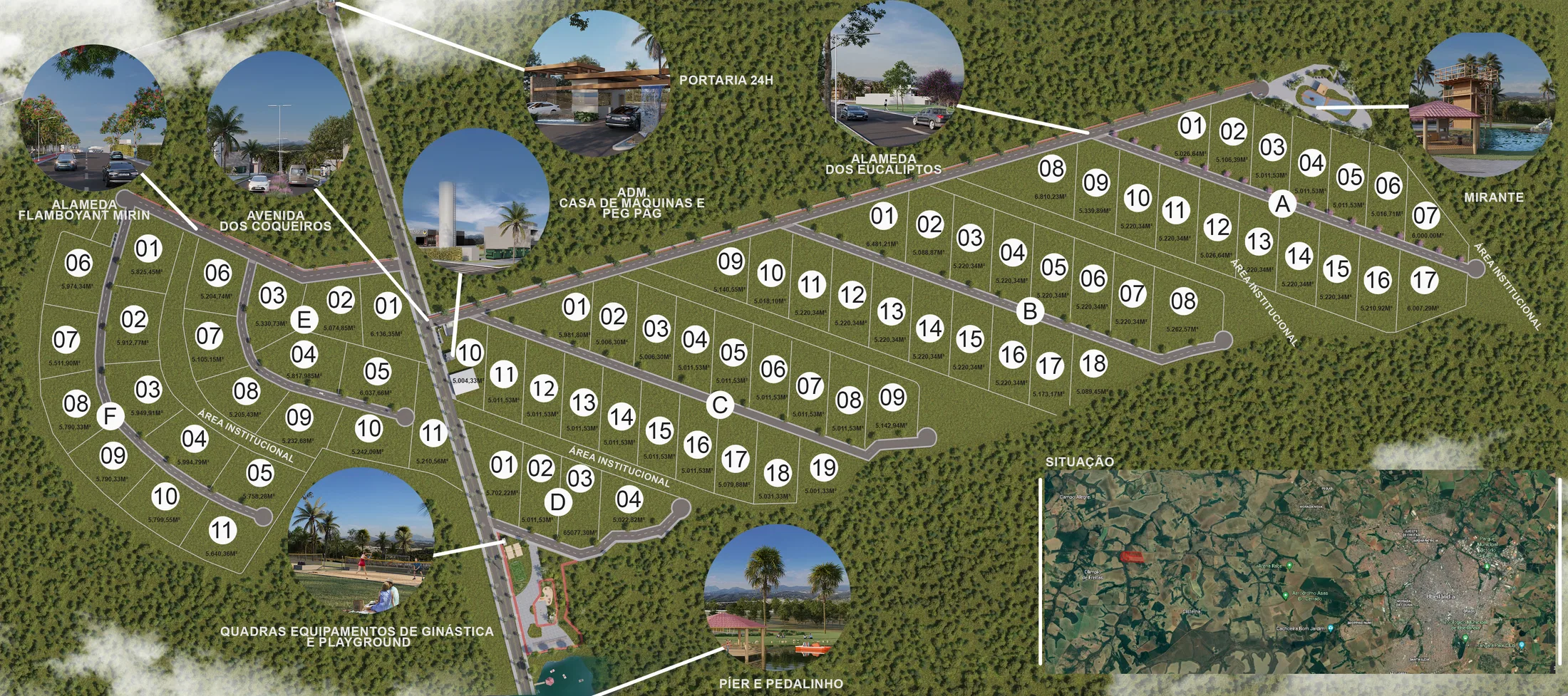 Vista aérea ilustrada do masterplan do condomínio, com lotes numerados, alamedas e equipamentos de lazer indicados