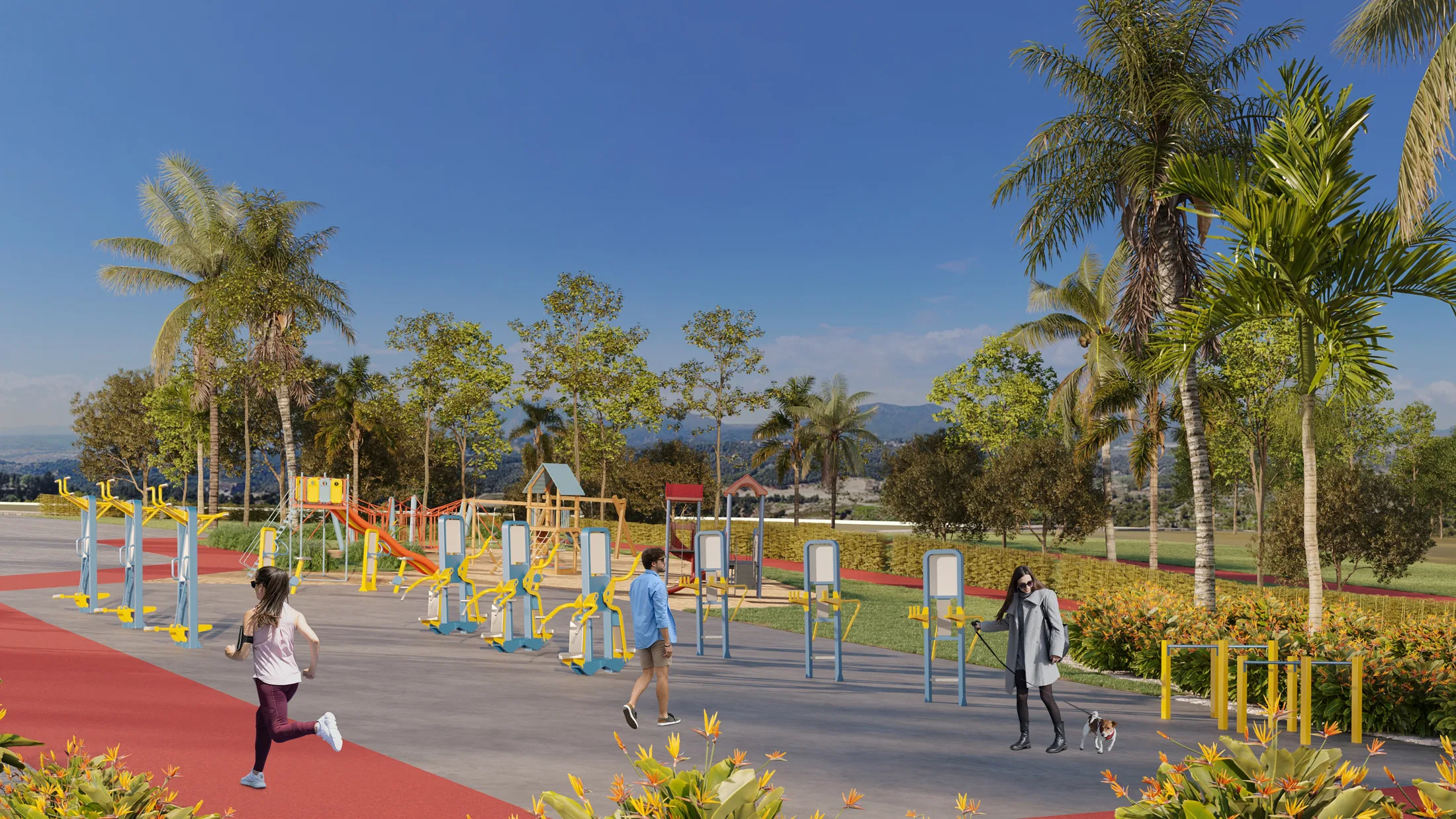 Área de ginástica ao ar livre com aparelhos, playground e pista de caminhada entre palmeiras