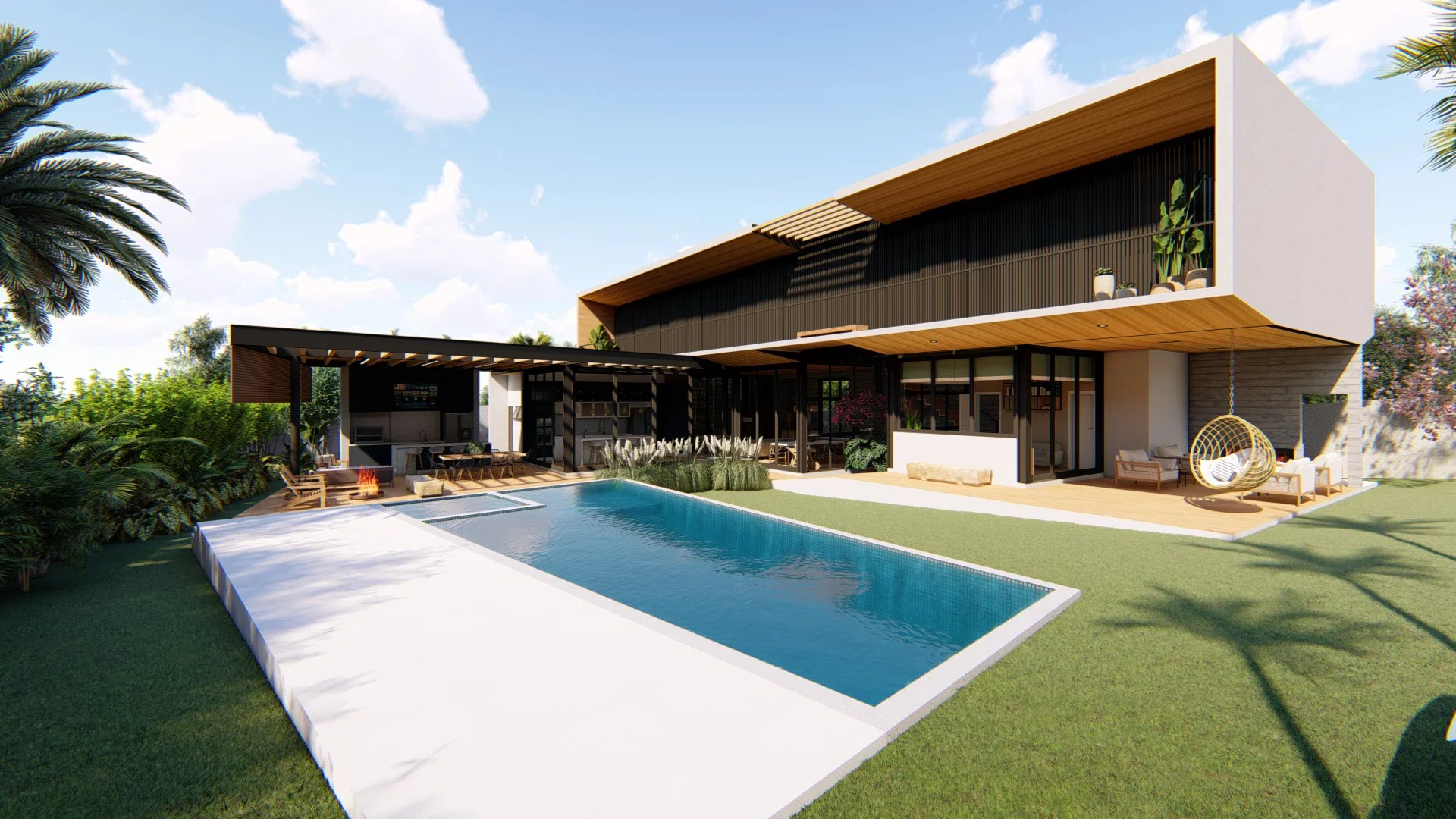 Piscina retangular com capa automática, área gourmet coberta à esquerda e fachada de ripas com cadeira-ovo suspensa sobre o gramado
