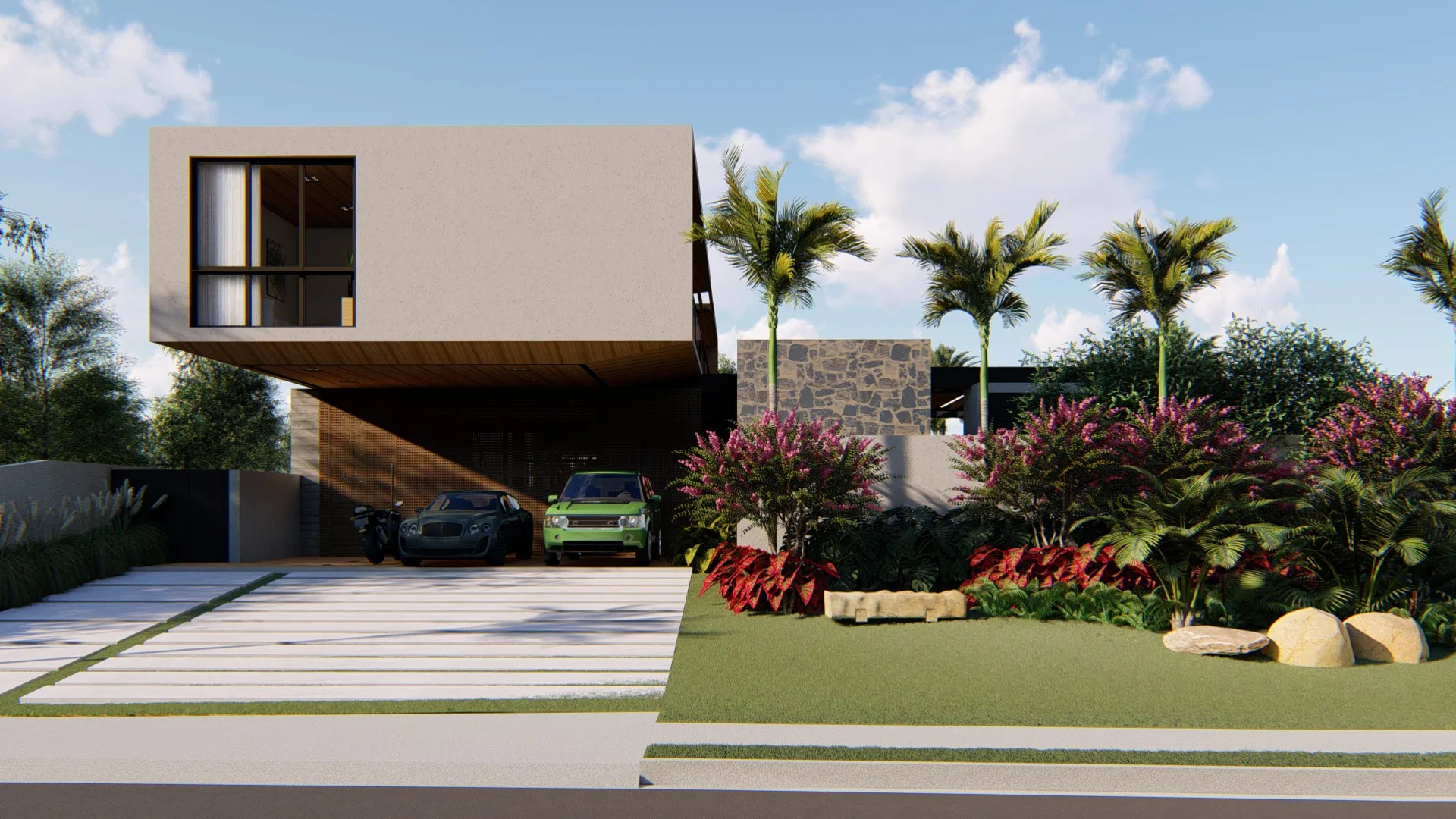Fachada frontal com bloco superior em balanço revestido de pedra, garagem com esportivo e utilitário verde, e canteiro de flores rosadas com pedras