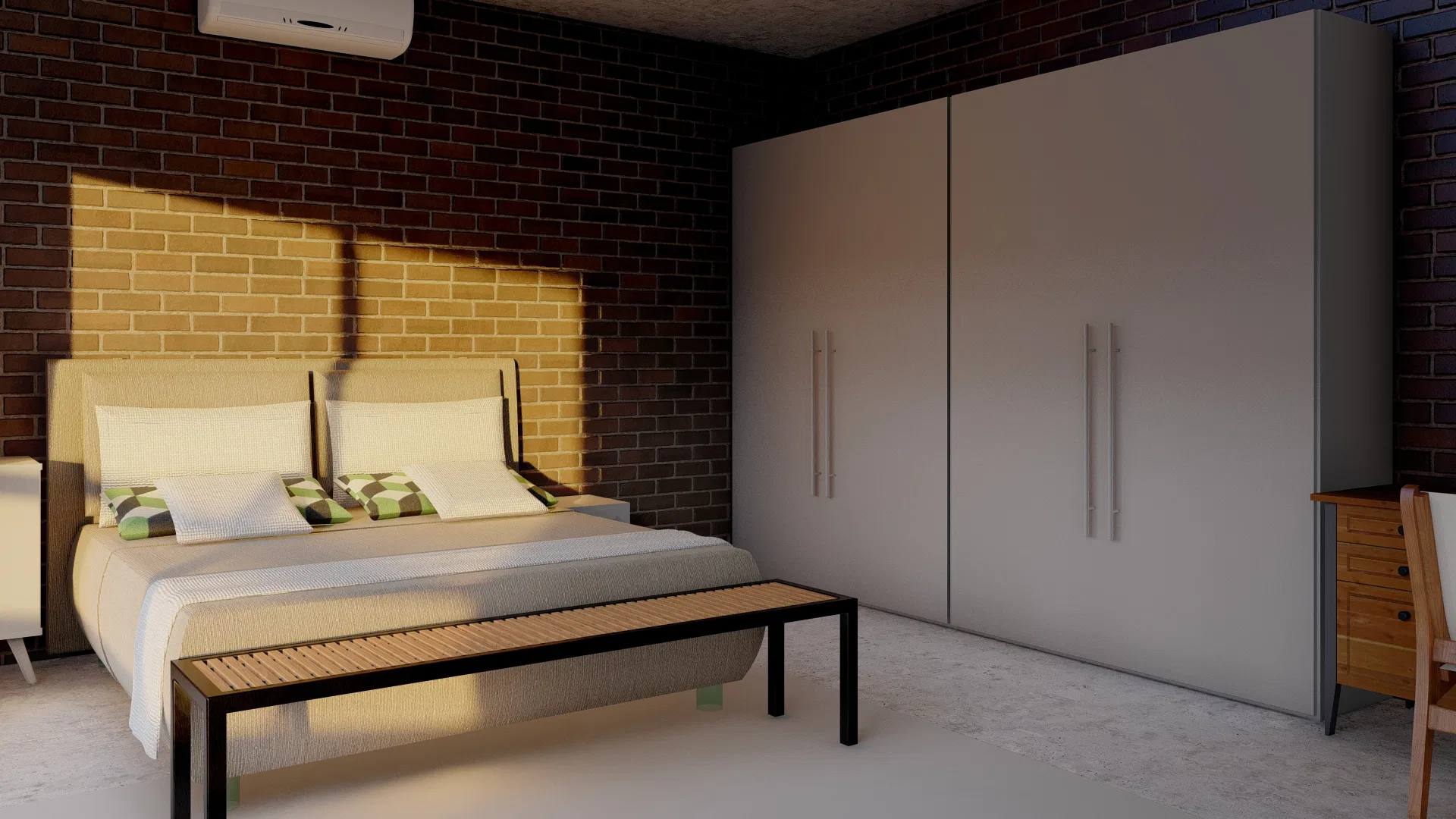 Dormitório decorado com cama de cabeceira estofada, parede de tijolo iluminada, guarda-roupa claro e banco de madeira aos pés