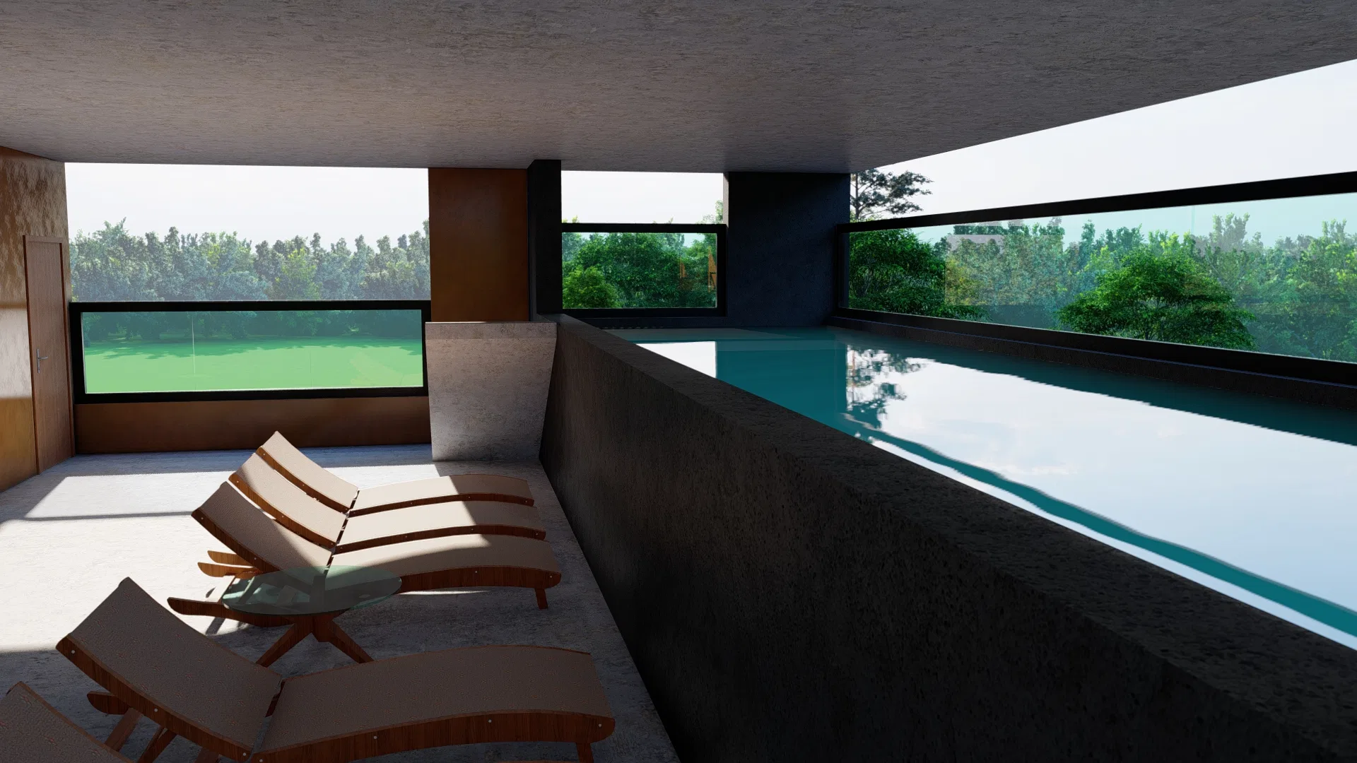 Piscina interna com raia alongada, revestimento escuro e espreguiçadeiras de madeira diante de janelas horizontais voltadas ao verde