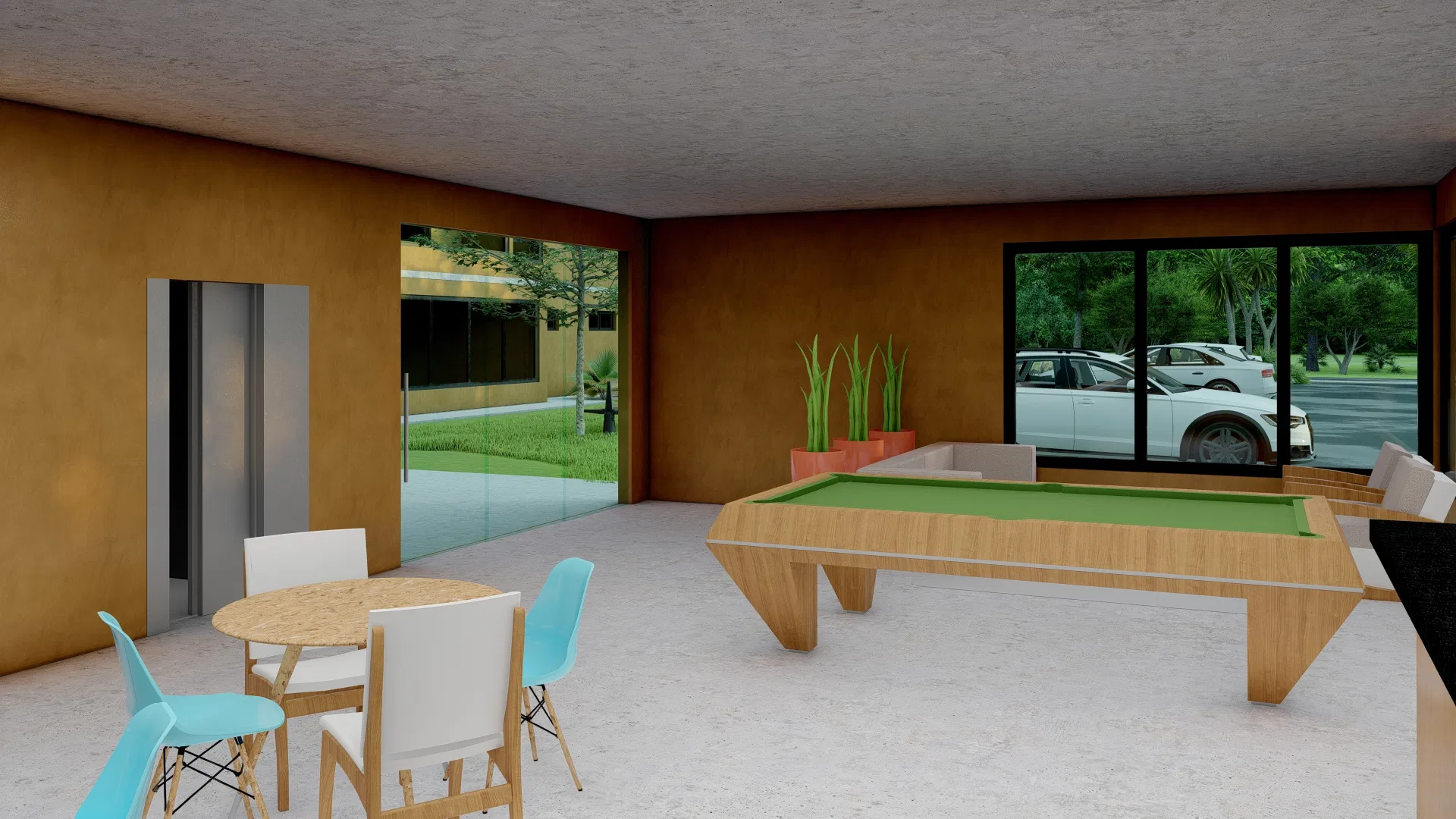 Sala de jogos com mesa de bilhar, mesa redonda de cadeiras coloridas, porta de elevador e amplo vidro voltado ao jardim