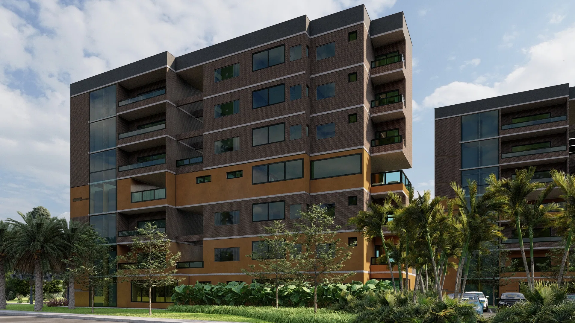 Fachada em tijolo aparente com faixas ocre, varandas envidraçadas e vegetação tropical, com a segunda torre à direita sob céu claro