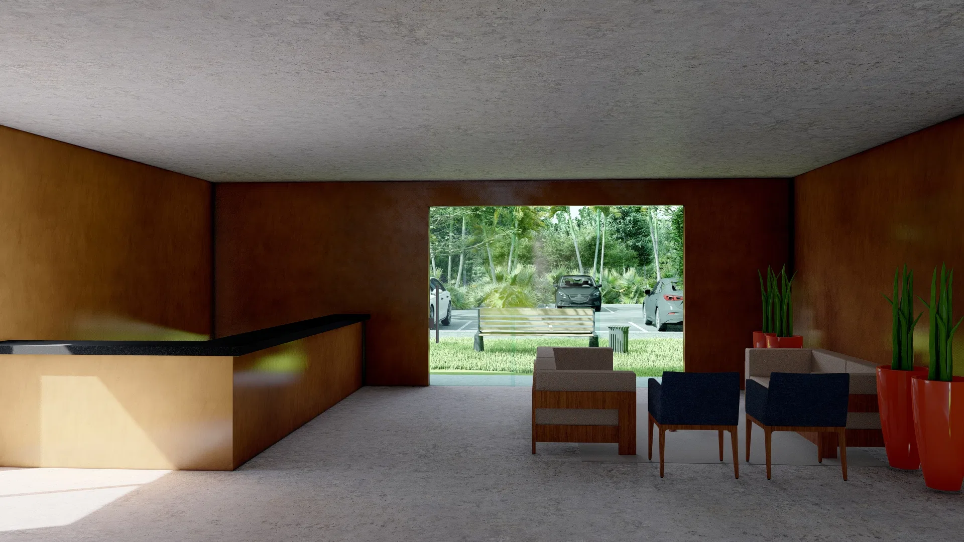Lobby de entrada com balcão de recepção amadeirado, poltronas de estar, vasos altos e abertura para o jardim e o estacionamento