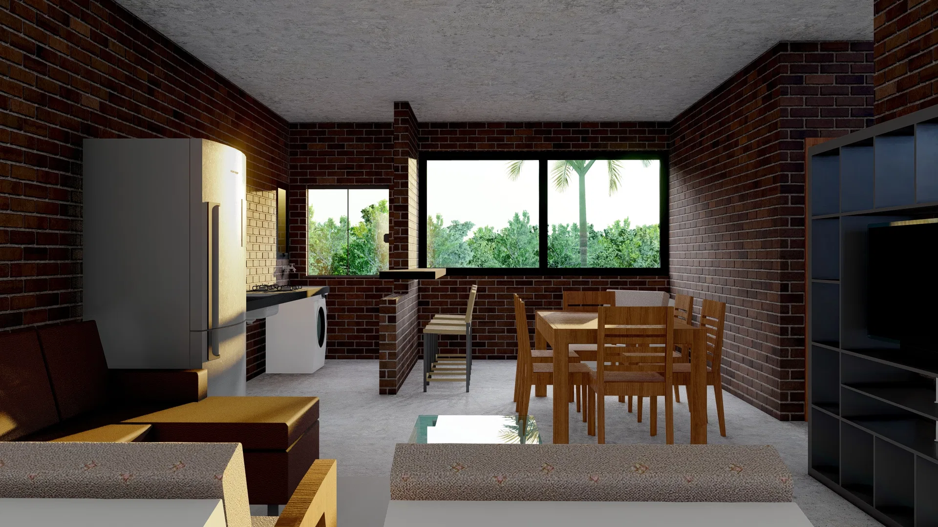 Apartamento com estar, jantar e cozinha integrados, paredes de tijolo aparente, mesa de madeira e janela voltada para a vegetação