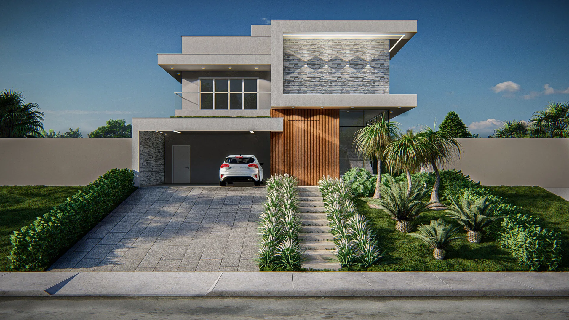 Fachada frontal da residência de dois pavimentos, com garagem, revestimento de pedra, ripado de madeira e jardim de palmeiras e gramíneas.