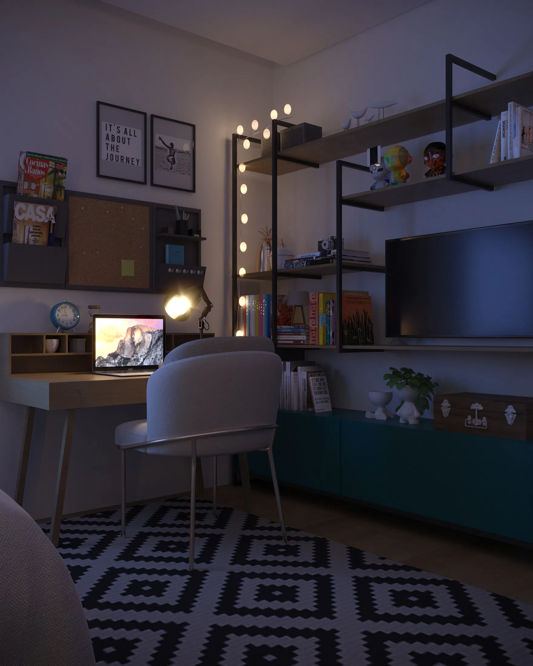 Área de estudos com mesa de madeira, notebook, luminária articulada e estante aberta com objetos decorativos, ambiente com luz baixa