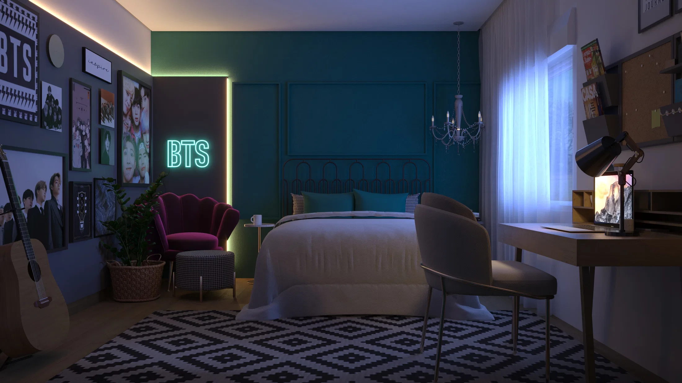 Vista ampla do quarto com cama de casal, letreiro neon 'BTS', mural de fotos e tapete gráfico preto e branco