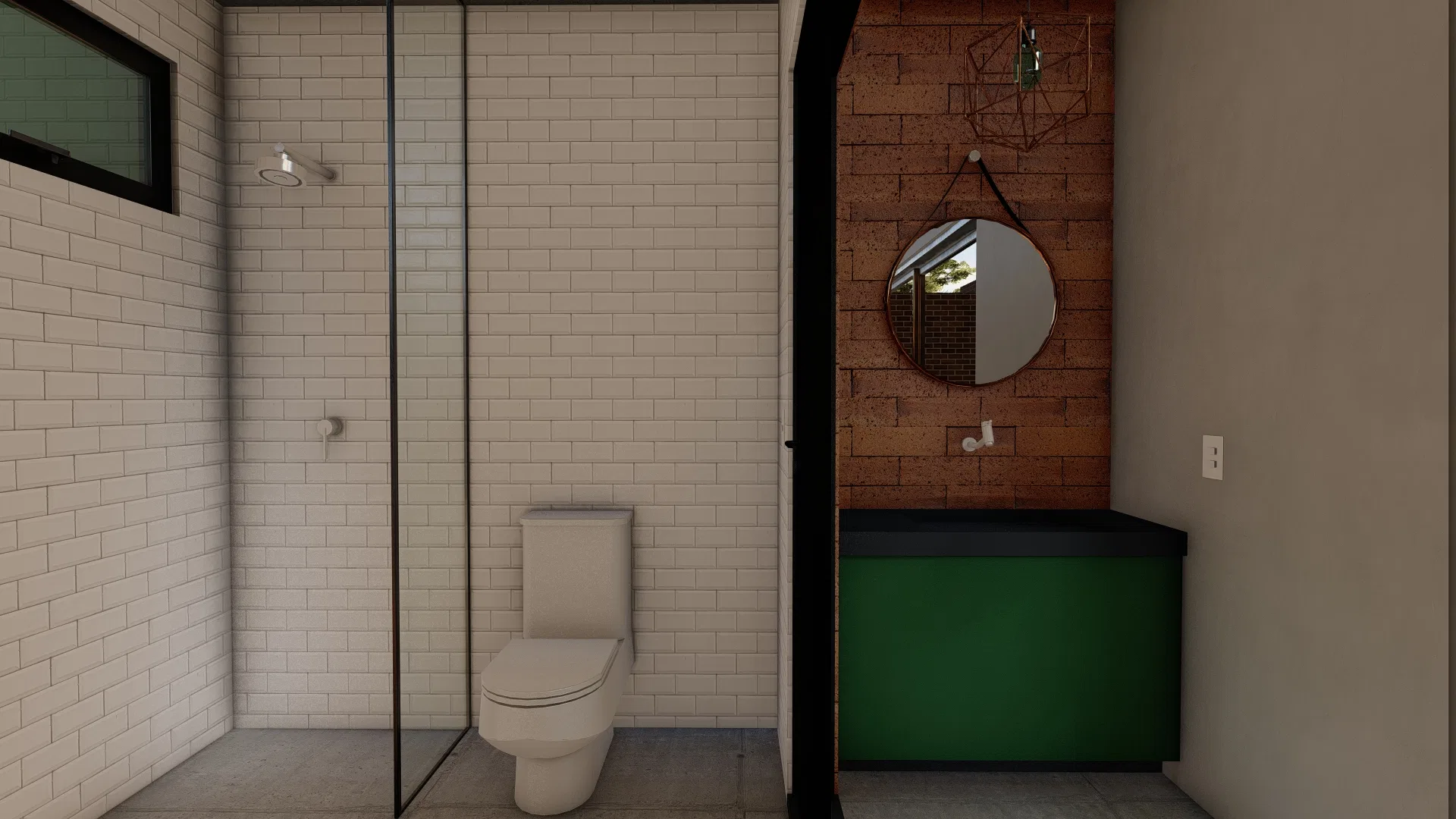 Lavabo de apoio com box de vidro, revestimento de metrô branco, parede de tijolinho com espelho redondo e bancada verde de tampo escuro