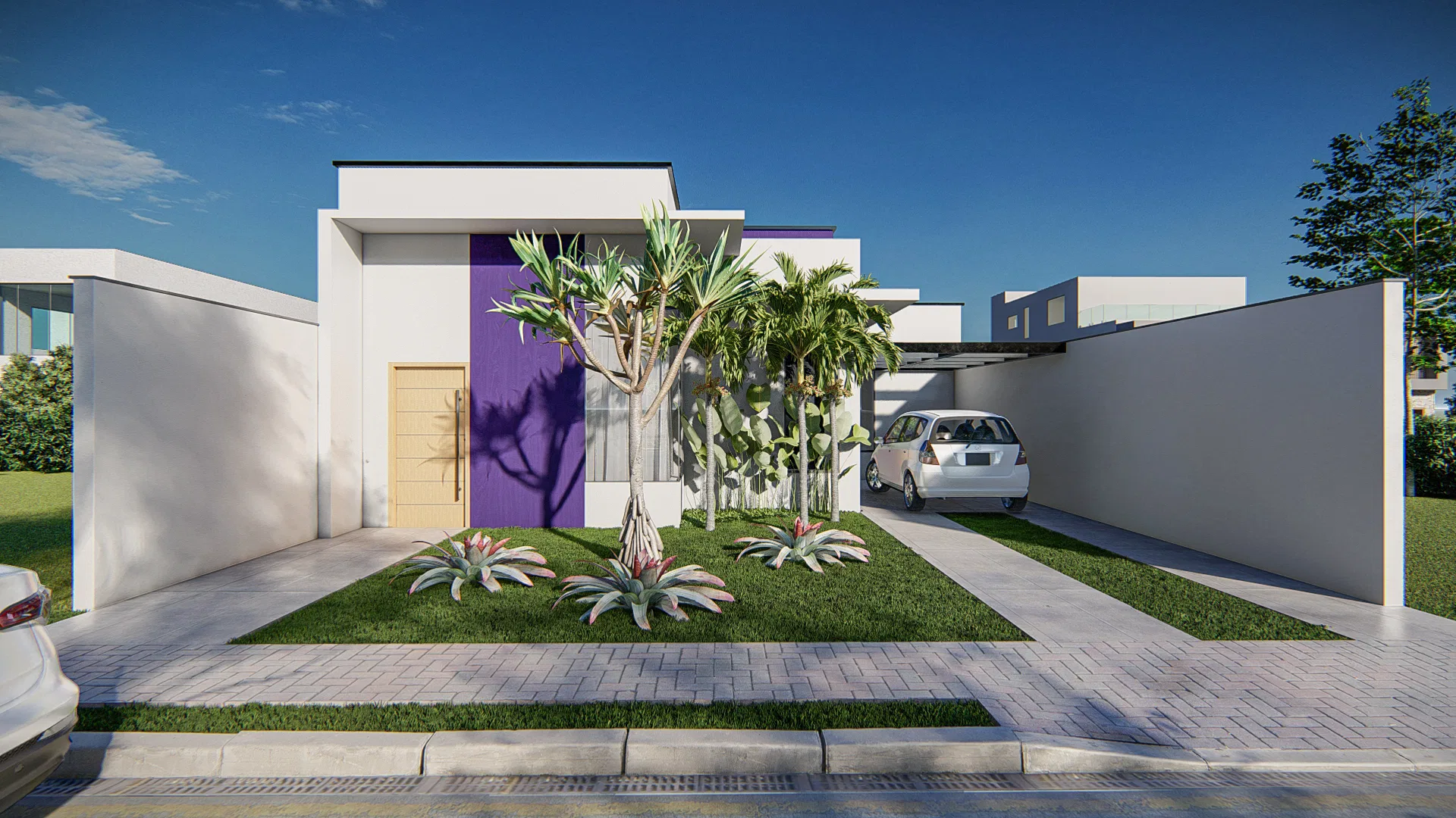 Fachada da casa térrea com painel roxo de destaque, gramado com agaves e bromélias e carro estacionado sob a garagem coberta